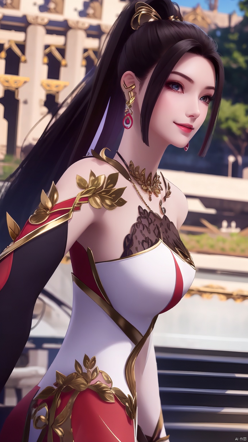 lingmeier, 1girl, dress, solo, jewelry, red dress, looking at viewer, earrings, necklace, hair ornament, black hair, from side, smile, bare shoulders, realistic,masterpiece,best quality,moyou