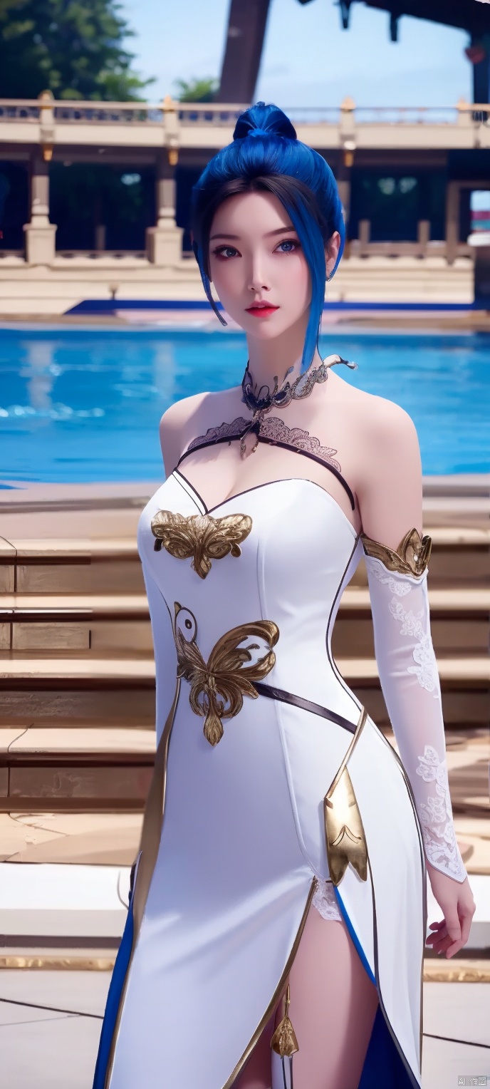 lingmeier, 1girl, blue wedding dress, (blue_hair:1.2) , solo, looking at viewer, cowboy_shot, realistic,masterpiece,best quality,