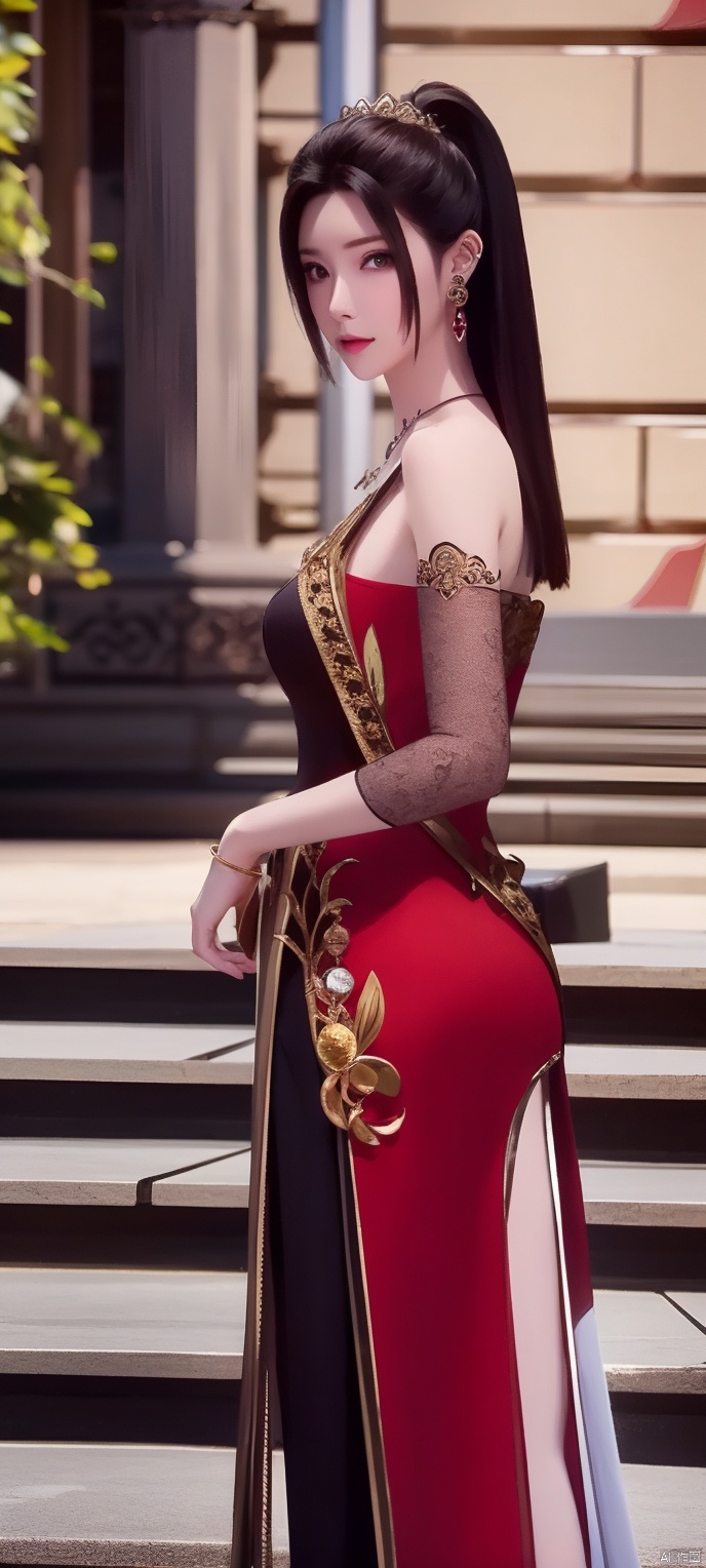 lingmeier, red dress, solo, jewelry, dress, looking at viewer, earrings, necklace, hair ornament, black hair, cowboy_shot, realistic,masterpiece,best quality