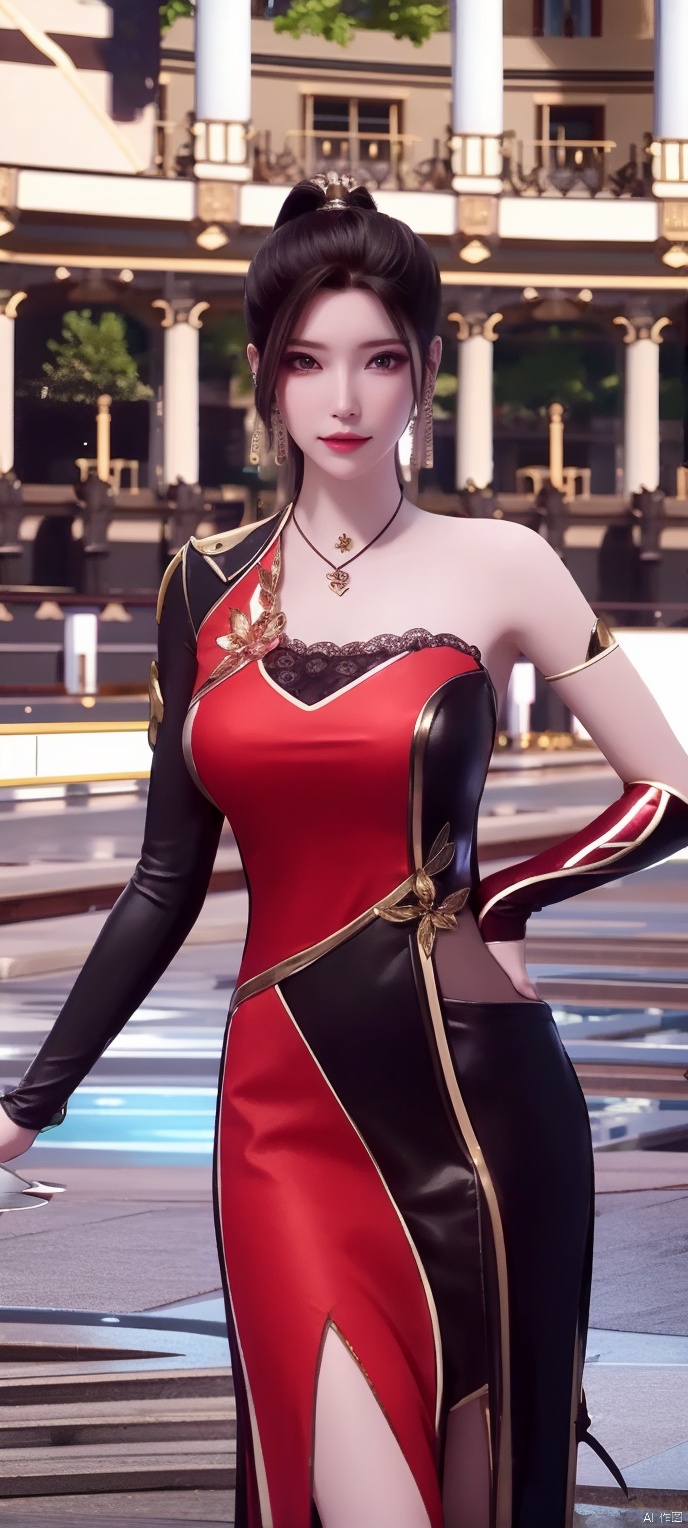 lingmeier, red dress, solo, jewelry, dress, looking at viewer, earrings, necklace, hair ornament, black hair, cowboy_shot, 
standing ,realistic,masterpiece,best quality