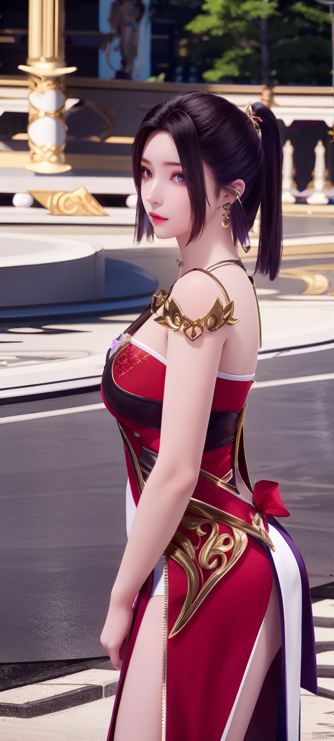 lingmeier, solo, red dress, jewelry, dress, looking at viewer, earrings, purple eyes, necklace, hair ornament, black hair, cowboy_shot, realistic,masterpiece,best quality