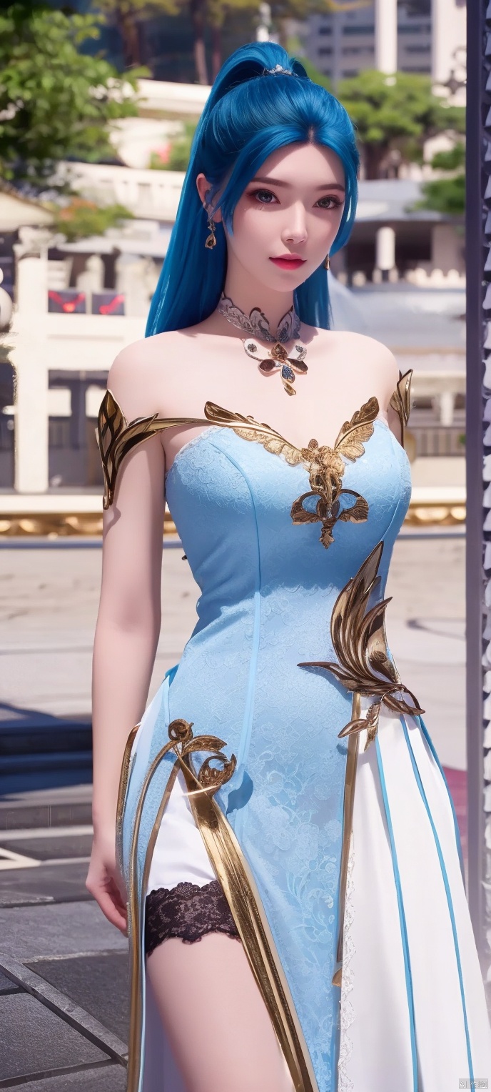 lingmeier, 1girl, blue wedding dress, (blue_hair:1.2) , solo, looking at viewer, cowboy_shot, realistic,masterpiece,best quality,