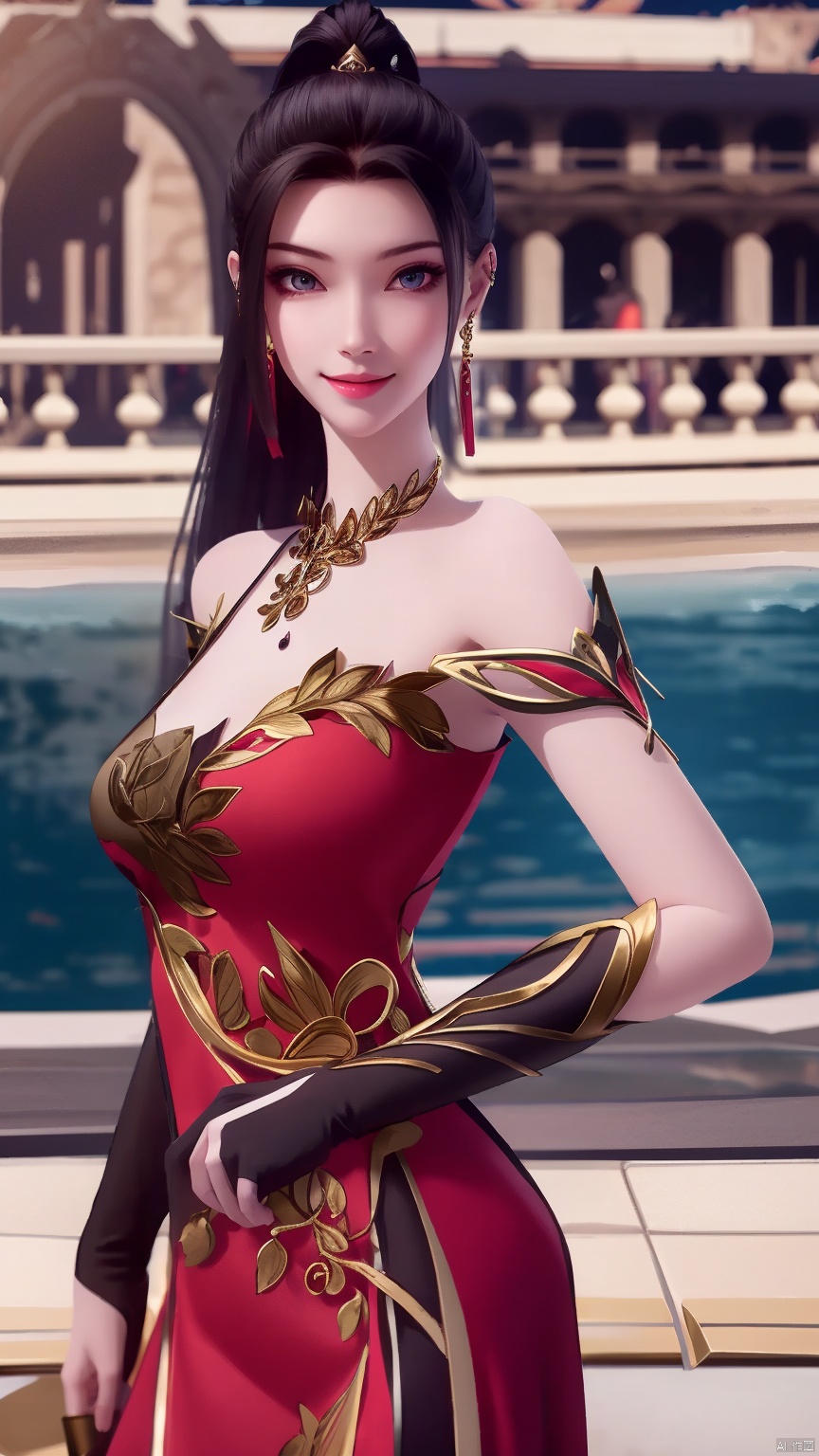 lingmeier, 1girl, dress, solo, jewelry, red dress, looking at viewer, earrings, necklace, hair ornament, black hair, whole body, standing, smile, bare shoulders, realistic,masterpiece,best quality,moyou