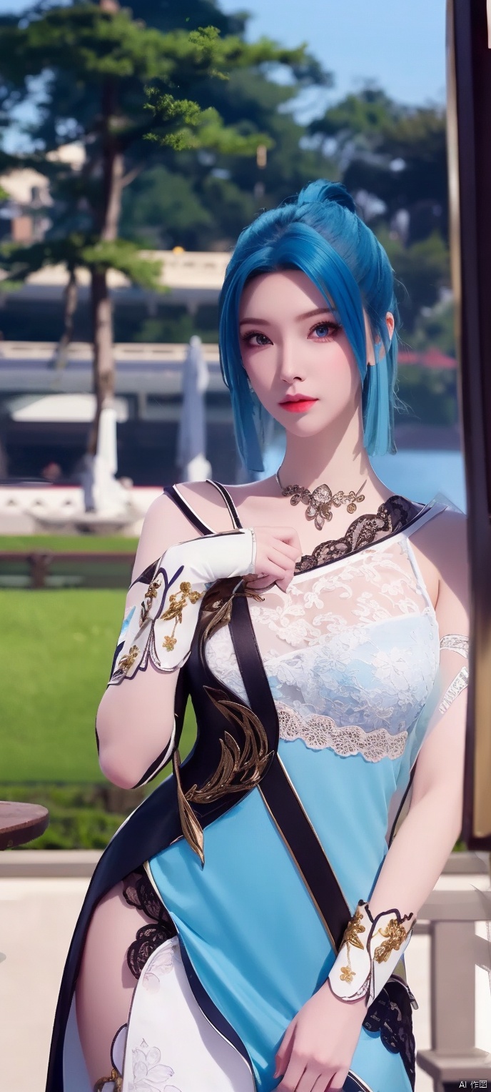 lingmeier, 1girl, blue wedding dress, (blue_hair:1.2) , solo, looking at viewer, cowboy_shot, realistic,masterpiece,best quality,