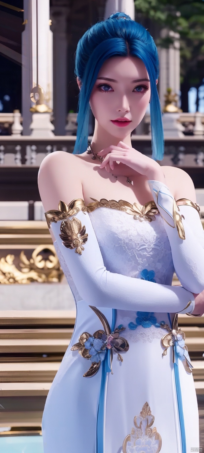 lingmeier, 1girl, blue wedding dress, (blue_hair:1.2) , solo, looking at viewer, cowboy_shot, realistic,masterpiece,best quality,