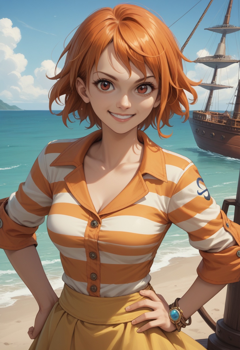 score_9, score_8_up, score_7_up, source_anime,  highly detailed, BREAK, 
 nami, 1girl, short hair, orange hair, solo, striped shirt, yellow skirt, looking at viewer, smile, brown eyes,boots,  upper body,hand on own hip,smile, beach,pirate ship