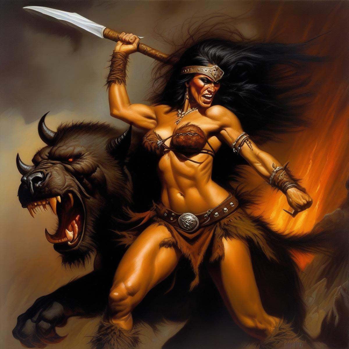 BAStyle,  highest quality,  a highly detailed fantasy painting of an barbarian woman fighting a demon on Tensor.Art