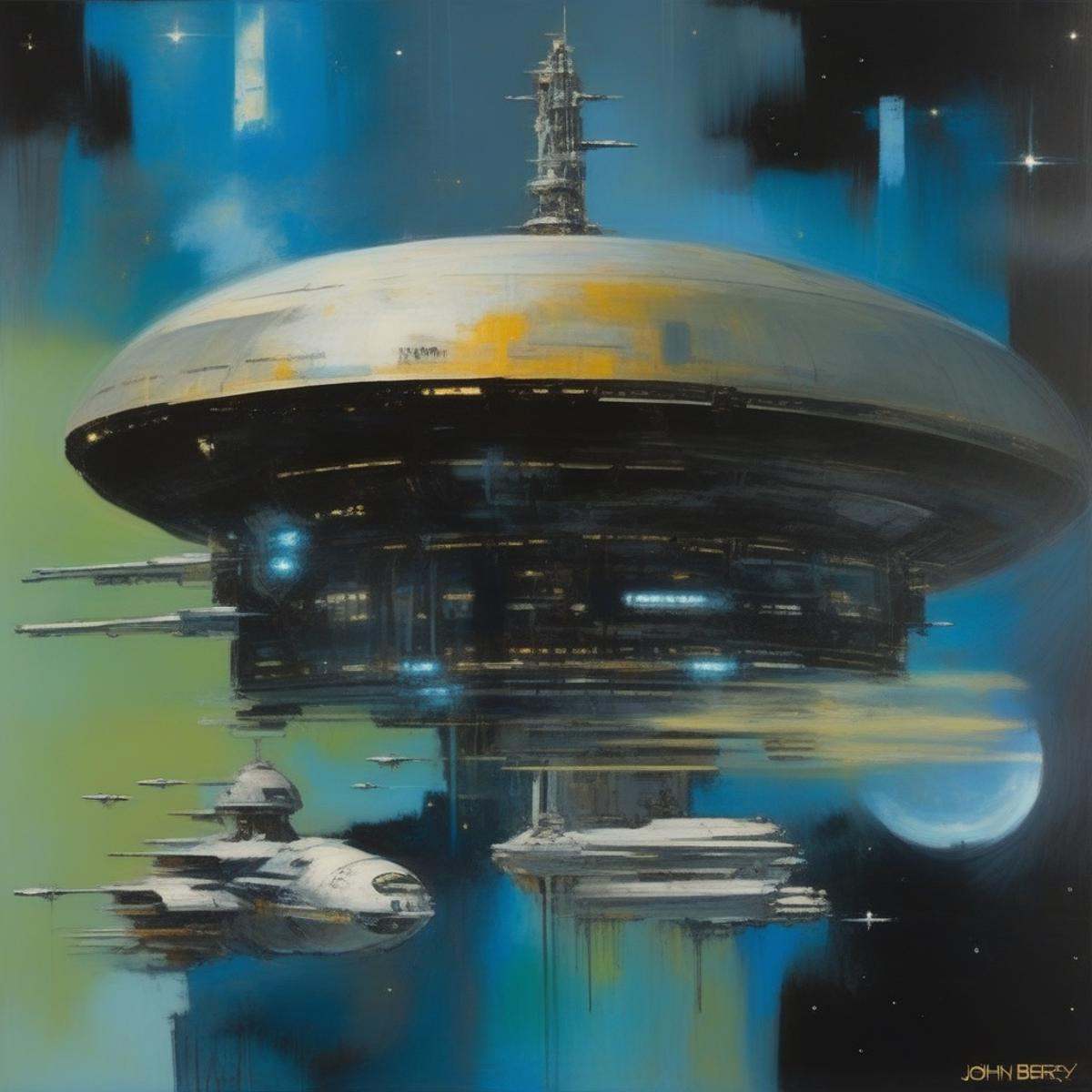 BAStyle,  highest quality,  a highly detailed painting of a large high-tech space ship on Tensor.Art