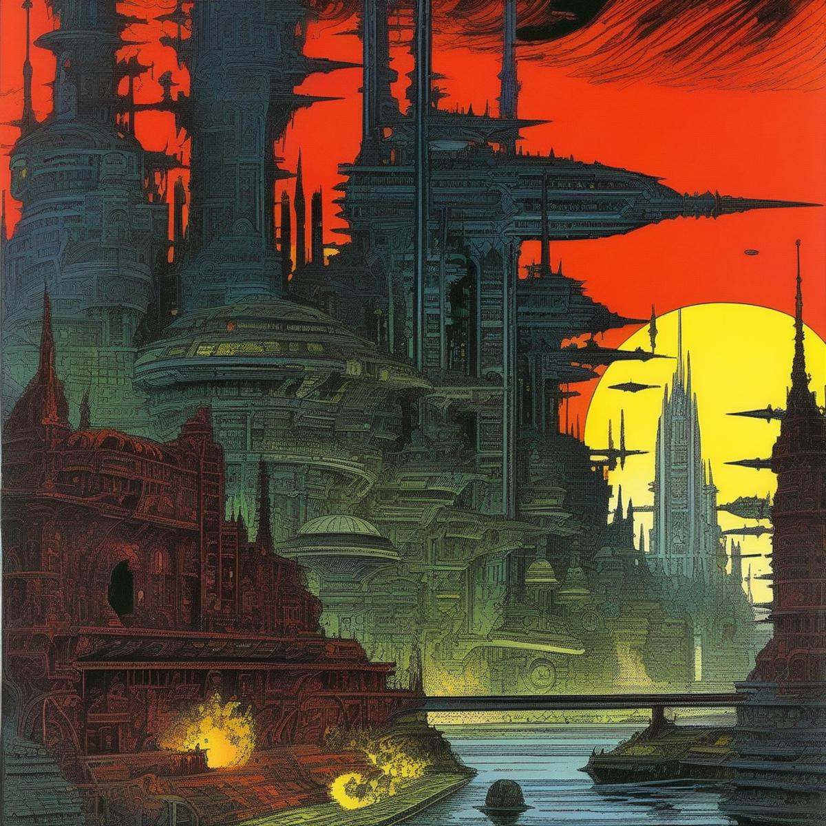 [sci-fi:fantasy:18] artwork,  highly detailed comic book illustration of a gothic cityscape,  bold colors on Tensor.Art