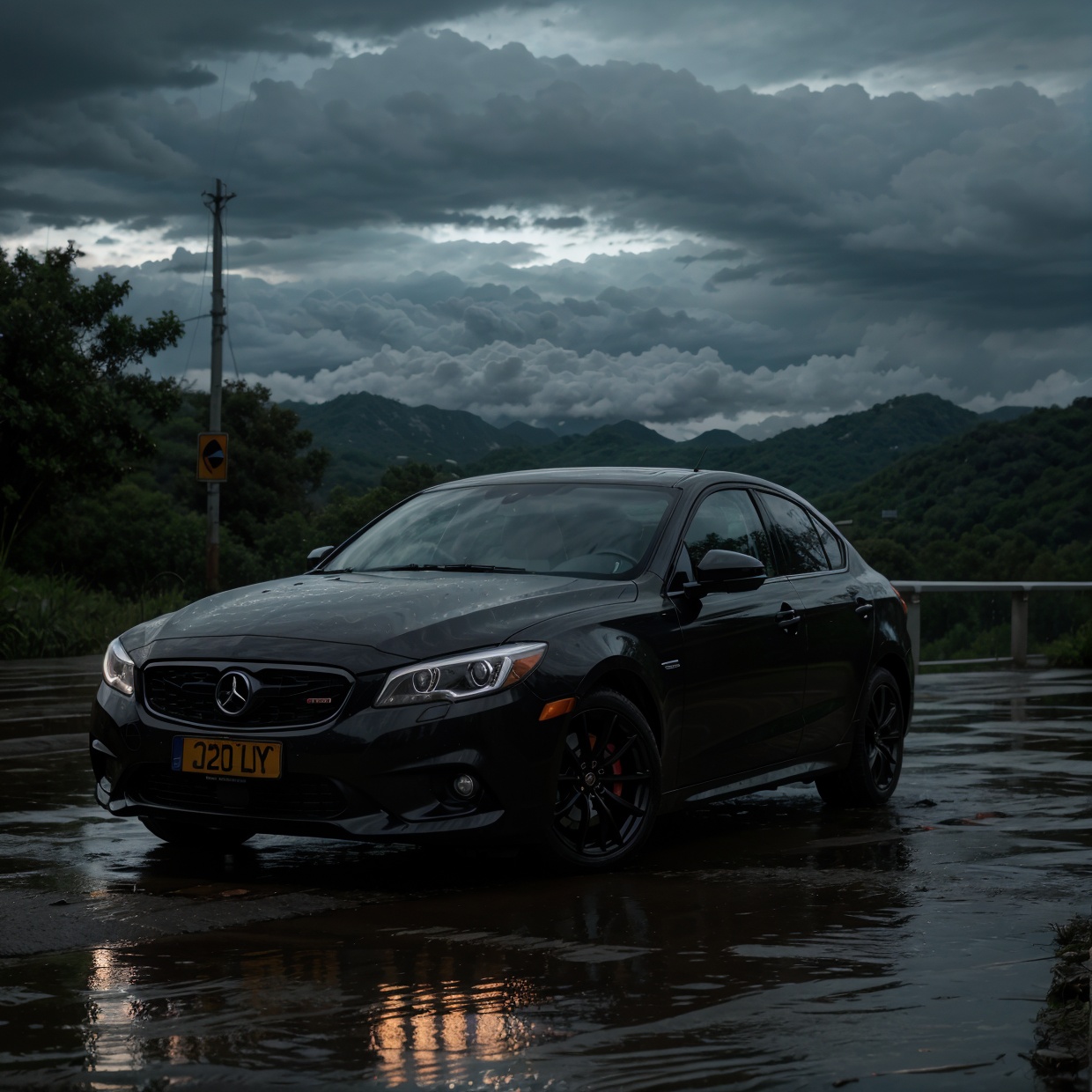 a car parked on a rainy road,  cloudy sky,  detailed rain drops on Tensor.Art