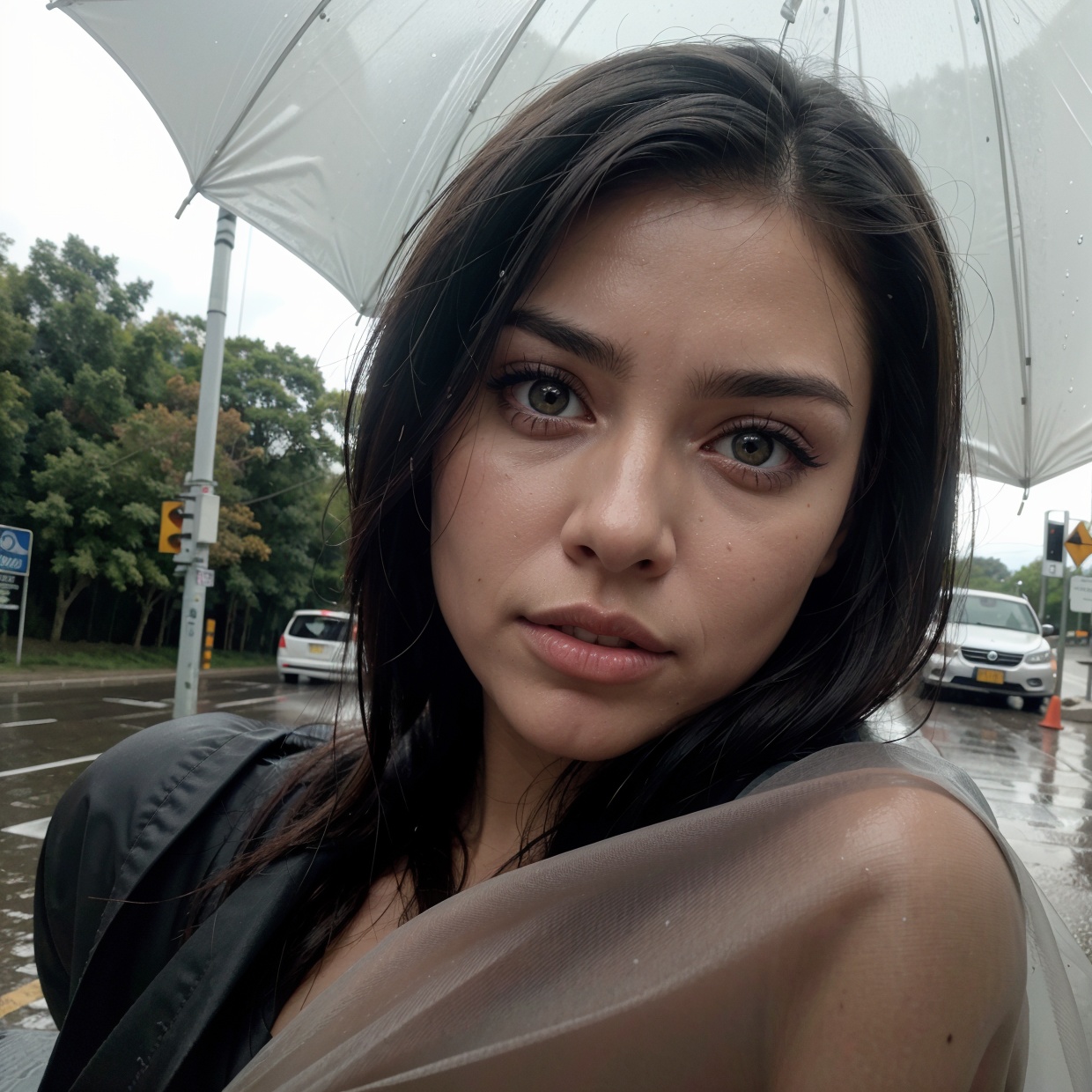 a woman near a parked car on a rainy road,  cloudy sky, on Tensor.Art