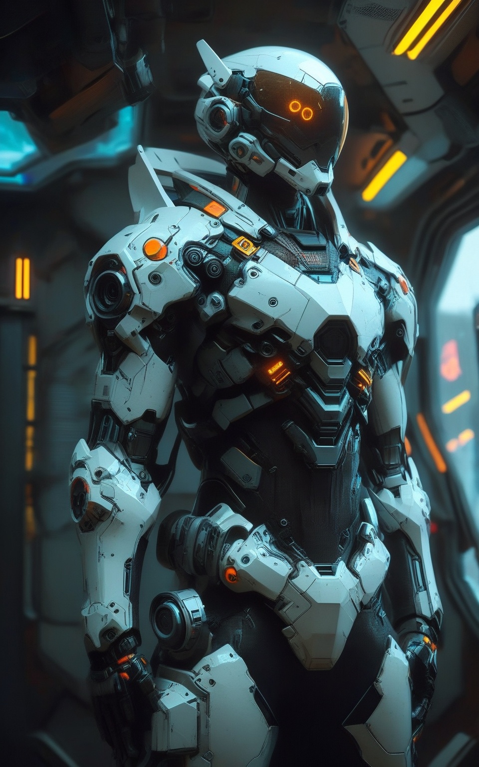 Create a cyberpunk-style GVA Armour Suit floating on a space station,  meticulously repairing the structure. The suit glow...
