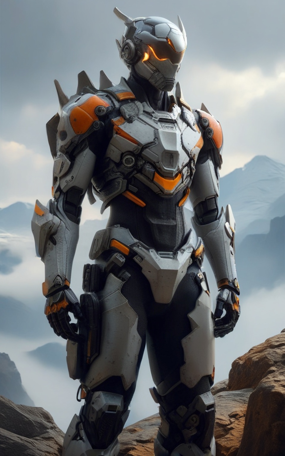 A wide full-body view of a man standing in a dramatic pose on a mountain cliff background. He is wearing the GVA Armour Su...