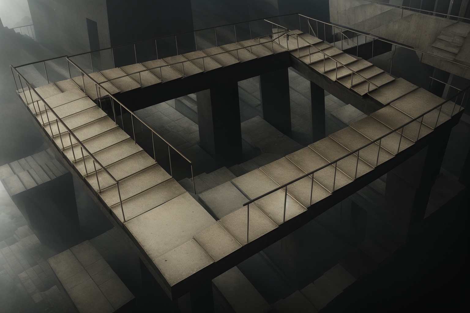 Brutalism Building with infinite looping stairs,  penrose stairs,  impossible staircase on Tensor.Art