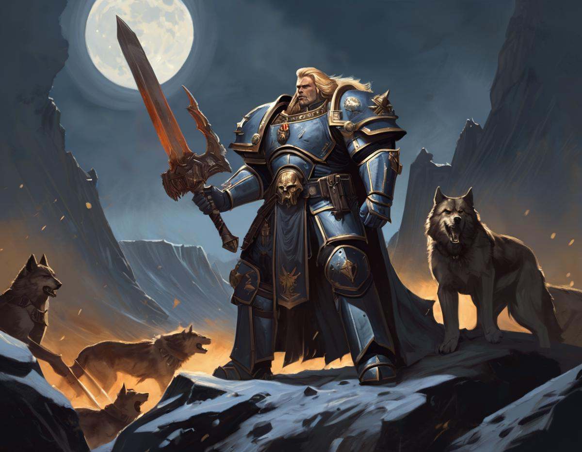 A digital painting of Leman Russ,  the primarch of the Space Wolves. He is standing in a rocky terrain,  holding a power s...