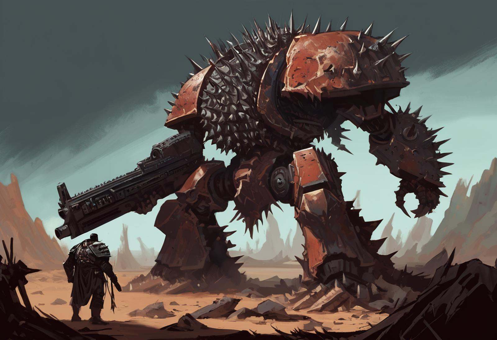 A digital painting of a defiled Chaos Dreadnought. The massive machine is shown from a three-quarter view,  its legs plant...
