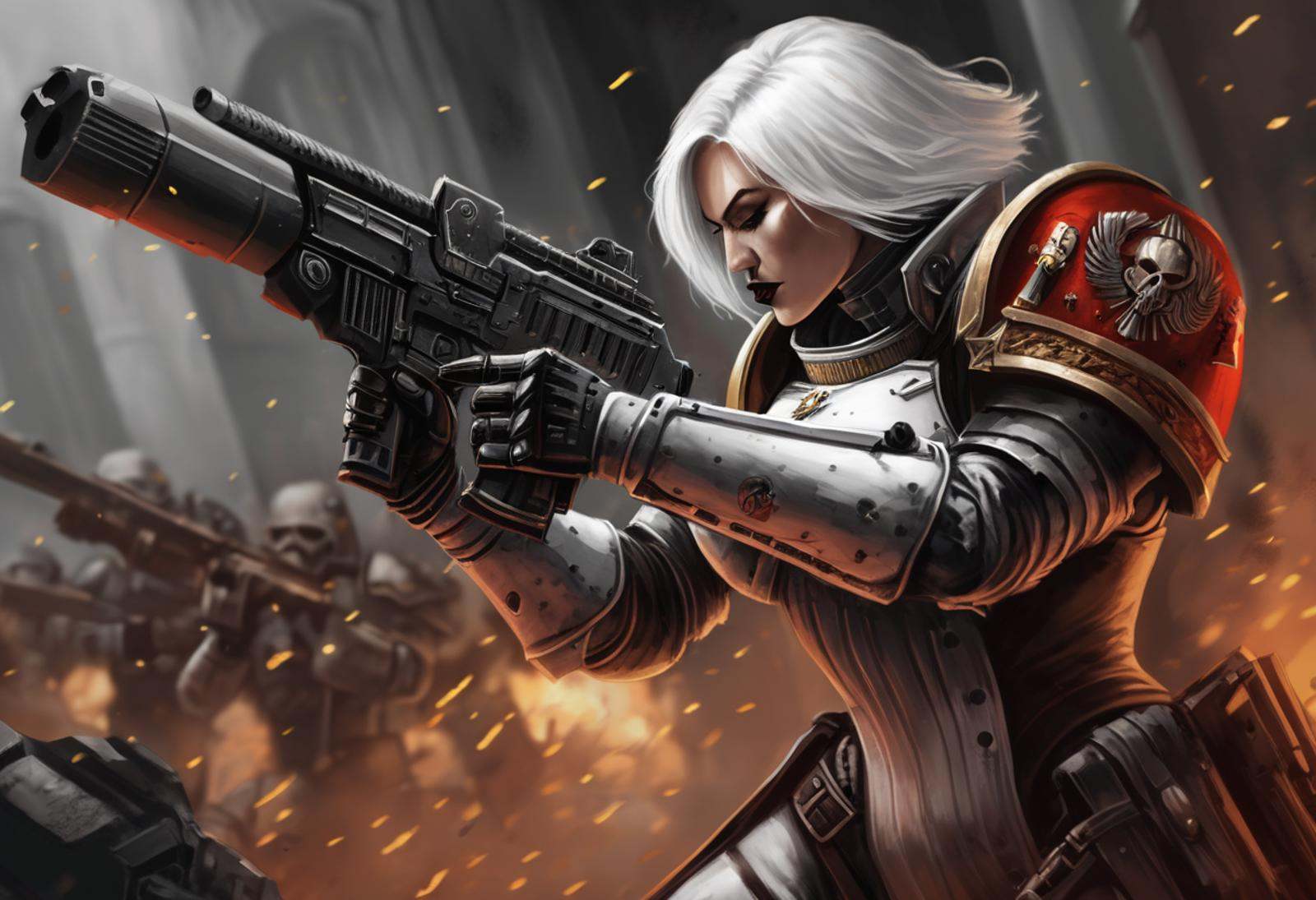 A digital painting of a beautiful (sister of battle of the Adepta Sororitas),  short white hair,  power armor on Tensor.Art
