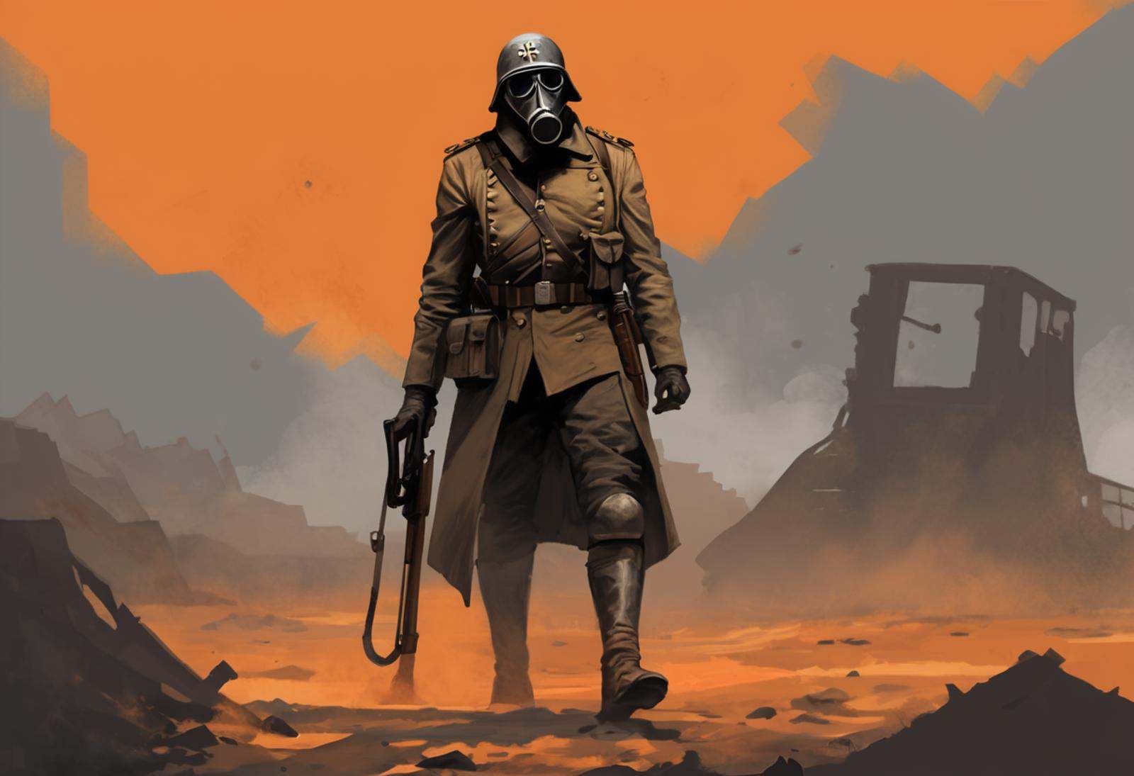 A digital painting of a (Death Korps of Krieg soldier). [gas mask],  a steel helmet,  and a long coat. He is carrying a (l...