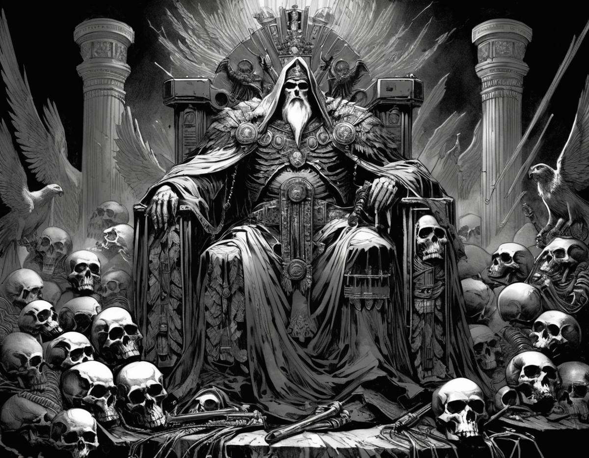 A black and white illustration of the Emperor of Mankind sitting on the Golden Throne. He is surrounded stacked piles of s...