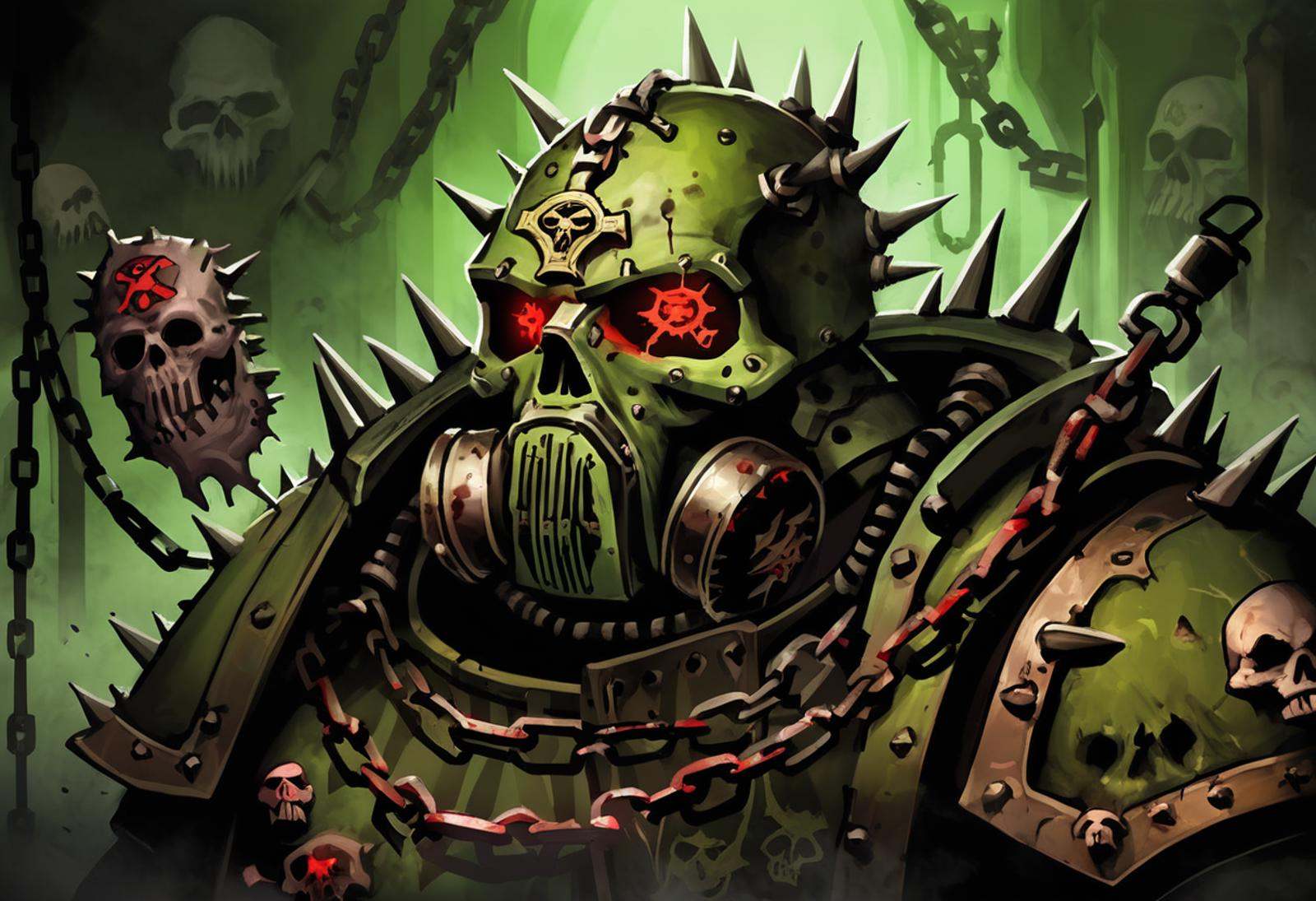 A digital painting of the iconography of the Death Guard,  a traitorous Space Marine chapter dedicated to the Chaos God Nu...