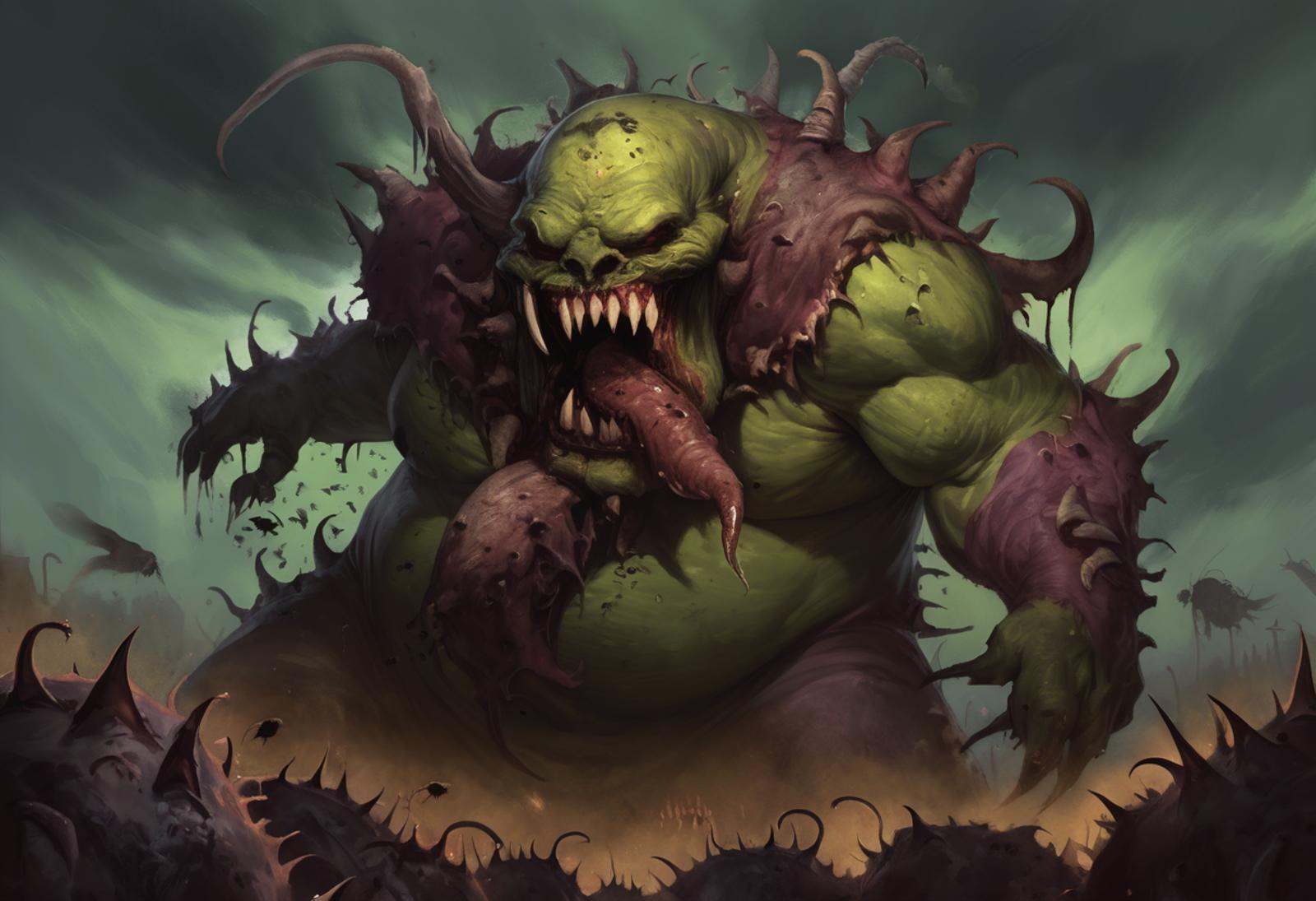 A digital painting of Ku'Gath Plaguefather,  a Great Unclean One and Greater Daemon of Nurgle. He is depicted as a large,...