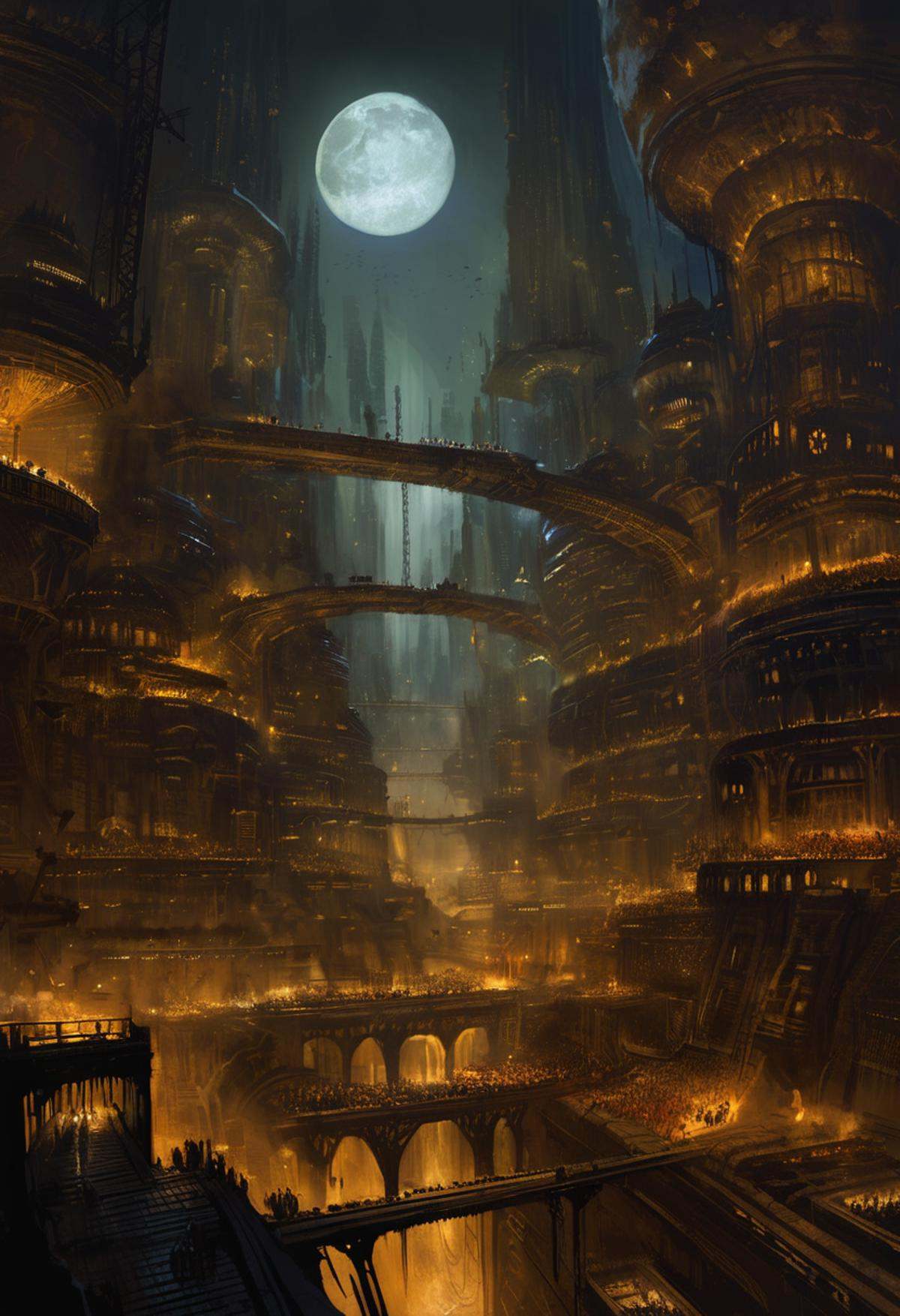 A digital painting of a hive city in the Warhammer 40k universe. The city is built on a series of platforms that are suspe...
