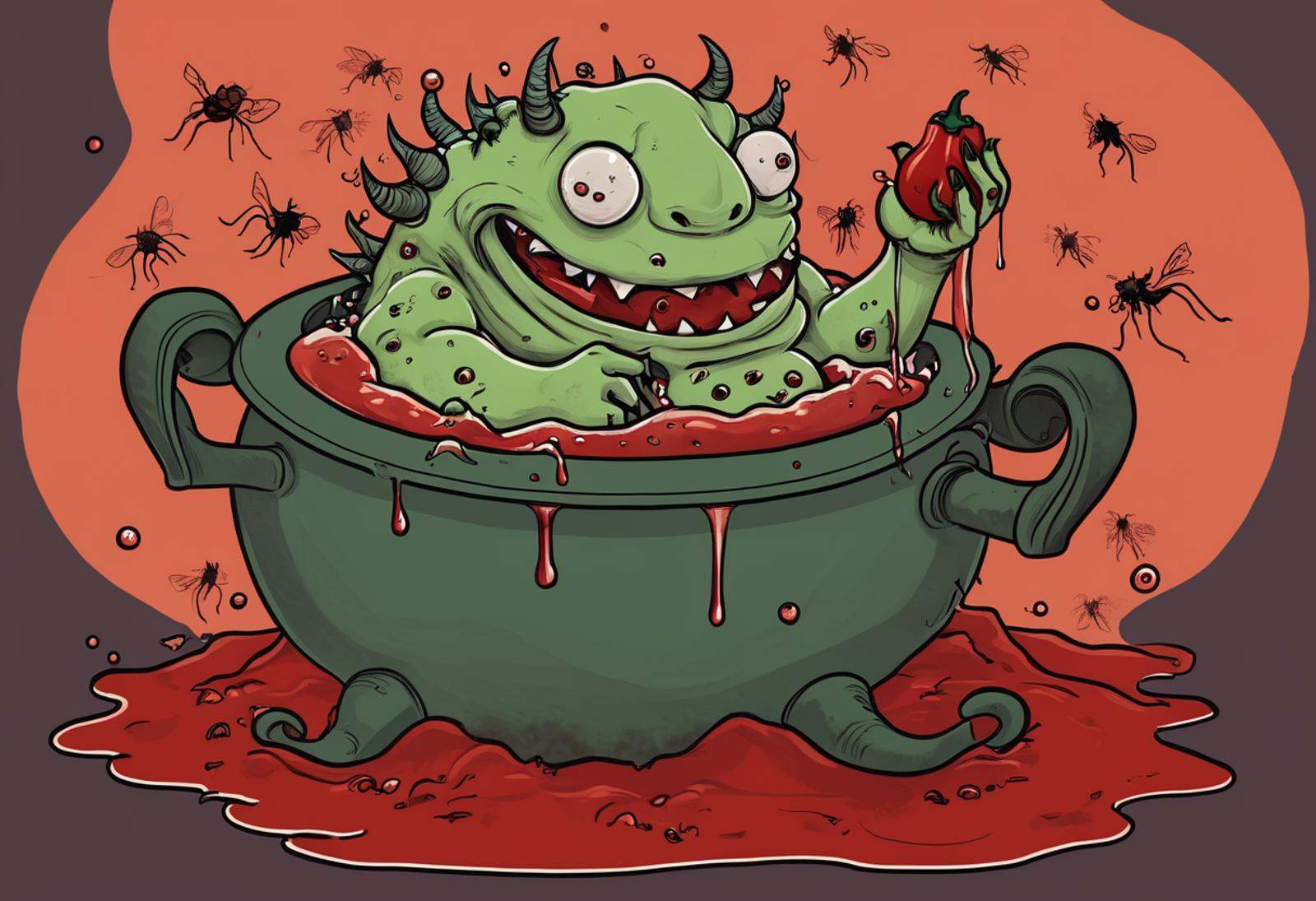 A digital drawing of a Nurgling,  a small daemon of Nurgle,  the Chaos God of disease and decay. It is sitting in a large...
