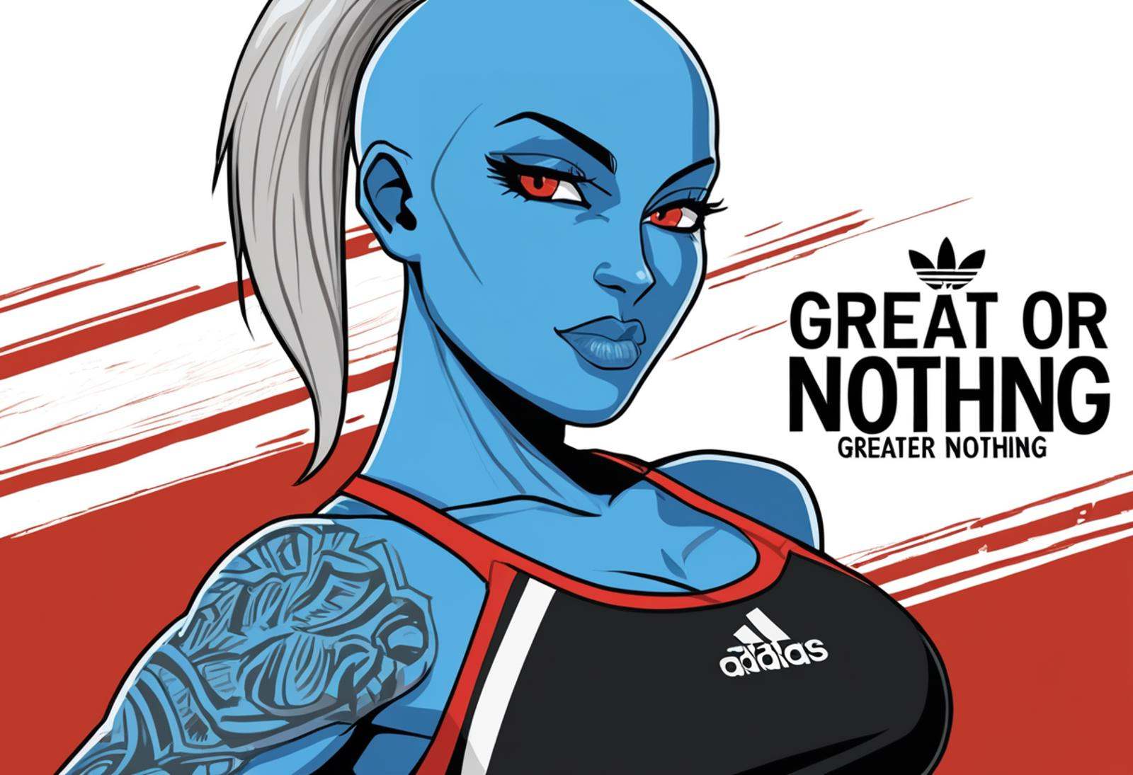 This digital painting shows a blue-skinned . She is wearing a black jacket with white stripes and the Adidas logo on the s...