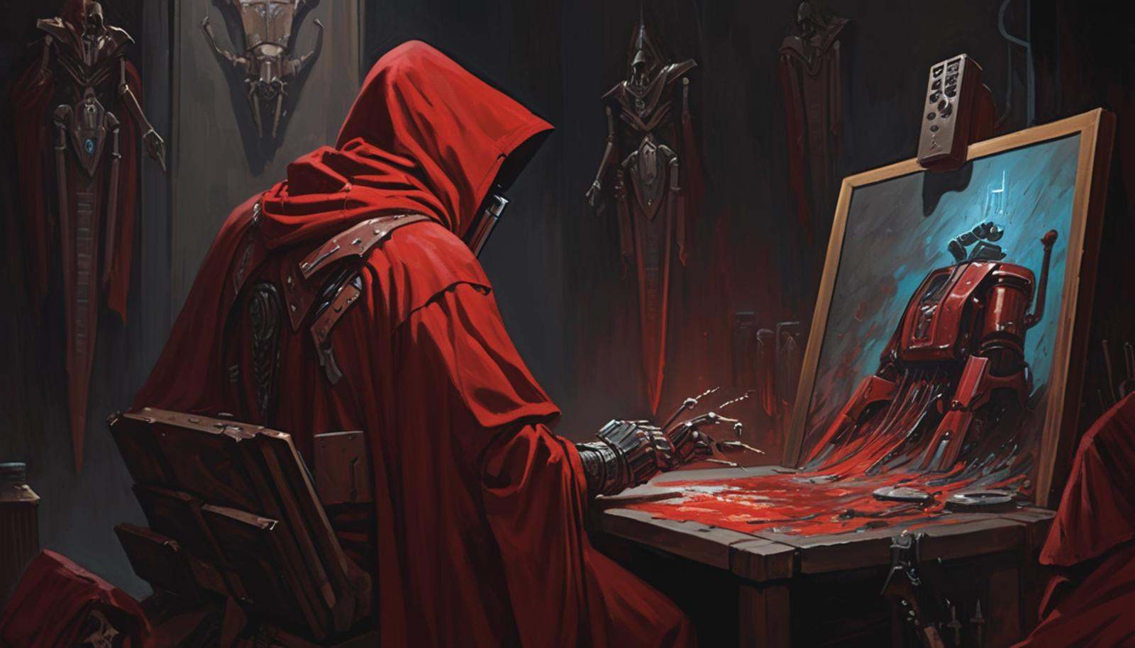 A painting from the back of a (Tech Priest) who is sitting by himself in dimly lit room,  in the middle of painting. The T...