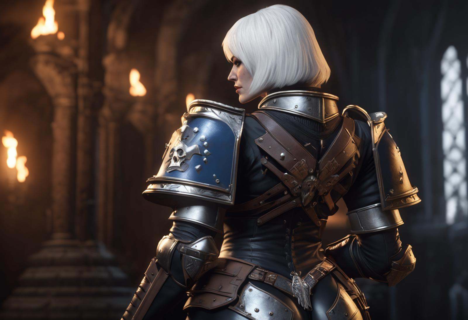 Highest Quality,  3D Render of a Sister of Battle from the Adepta Sororitas,  from behind on Tensor.Art