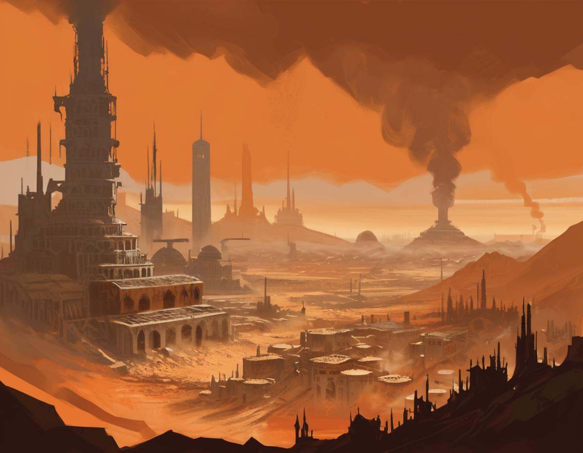 A digital painting of a Hive City in the Ash Wastes. The foreground is a desert with a large pipe running through it. The...