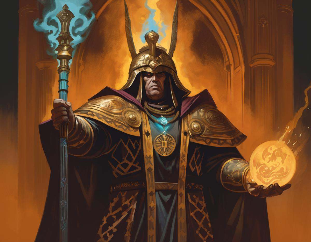 A digital painting of (Sanctioned Psyker) from the Warhammer 40k universe. He is standing in a dark room,  surrounded by a...