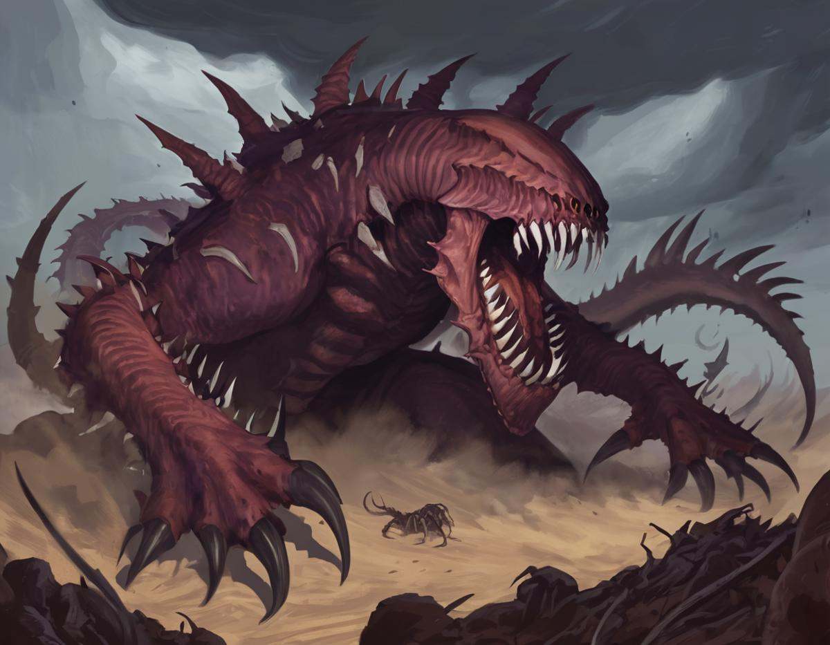 A digital painting of a giant Tyranid Mawloc. The creature is depicted as a massive,  serpentine monster with a gaping mou...