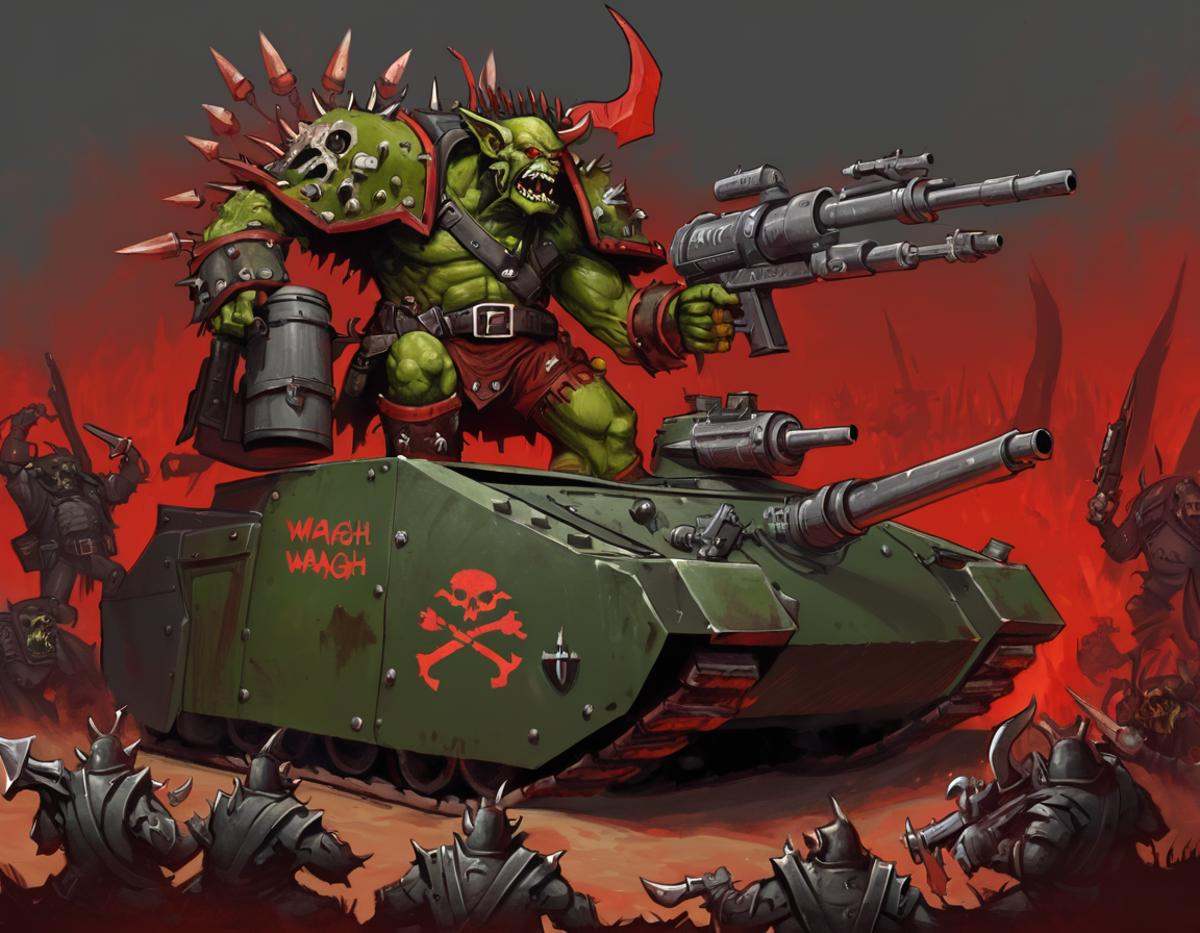 A digital painting of an Ork Warboss standing on top of a ****. He is surrounded by Gretchin and armed with a large gun. T...