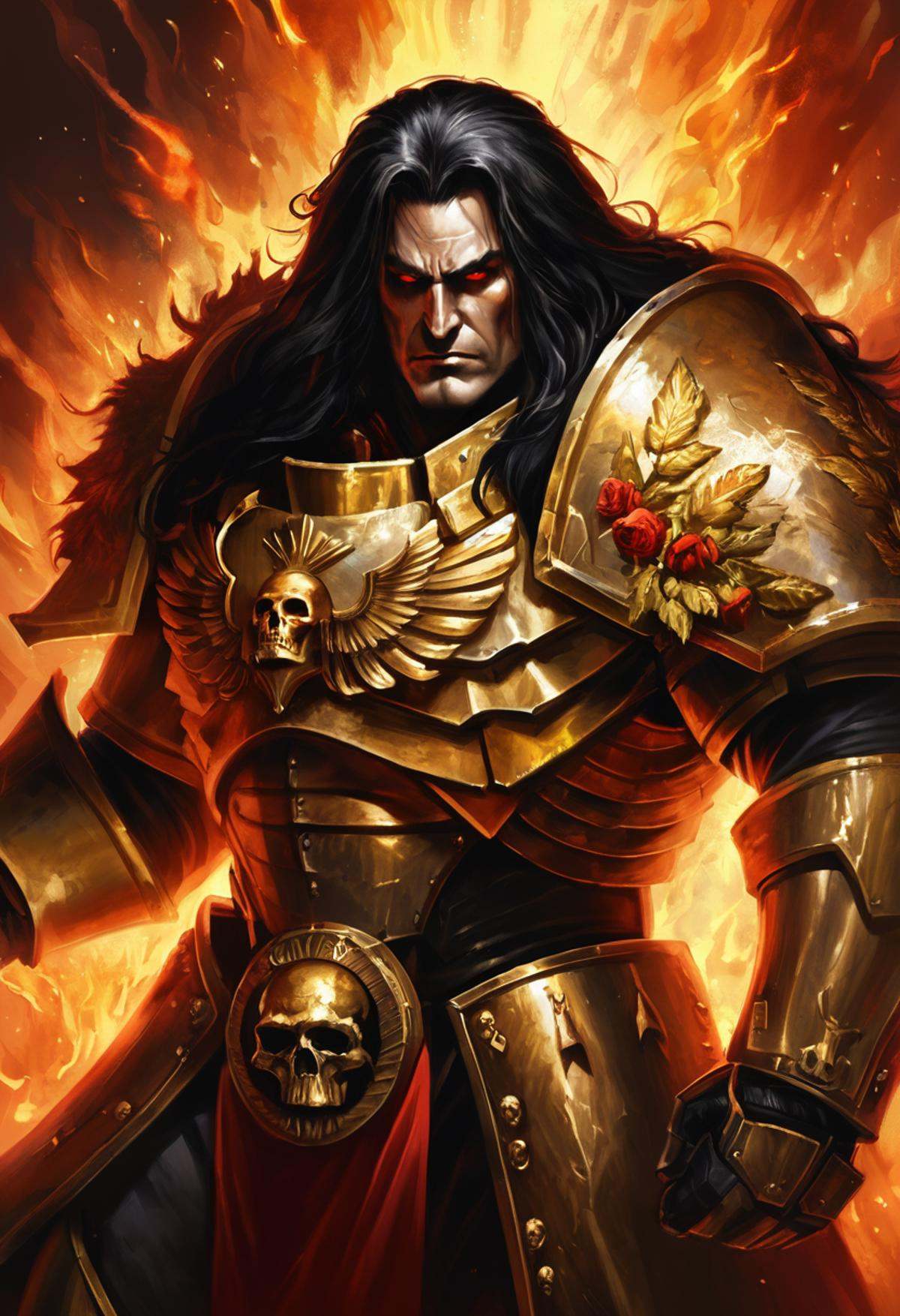 An epic digital painting of the Emperor of Mankind from Warhammer 40k. He is depicted as a handsome man with long black ha...