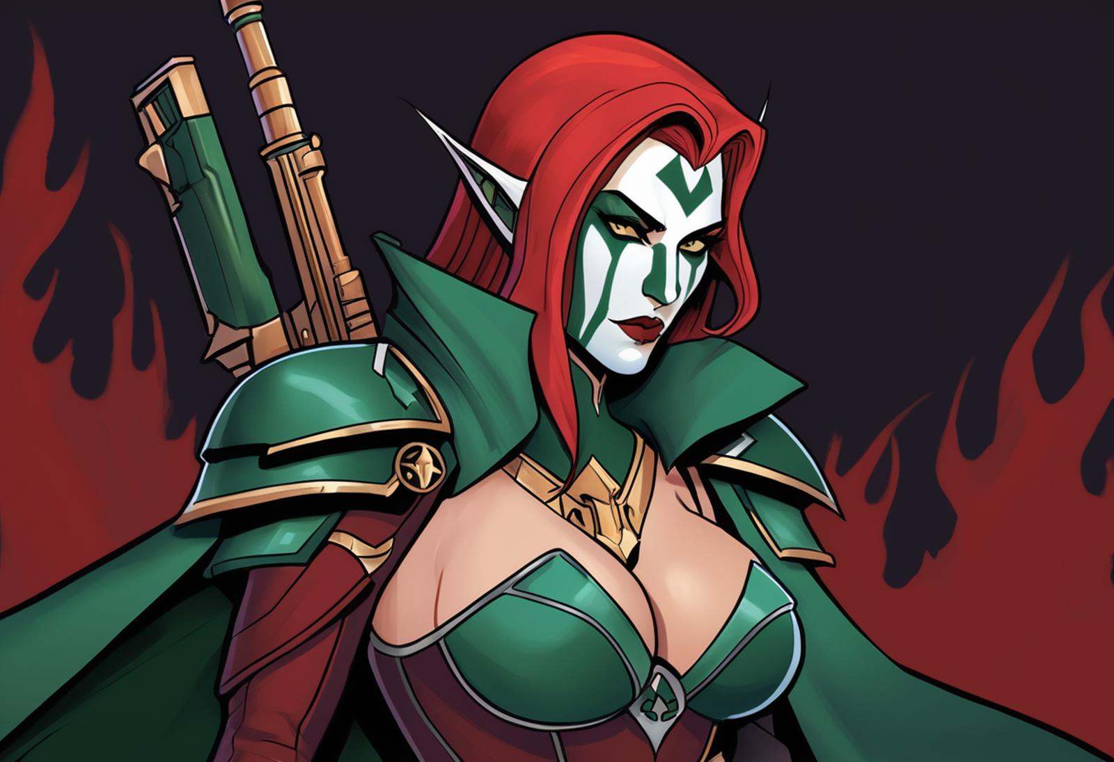 A intricately detailed illustration of a beautiful Aeldari Corsair woman. Holding a Eldar Las Rifle. She has large breasts...