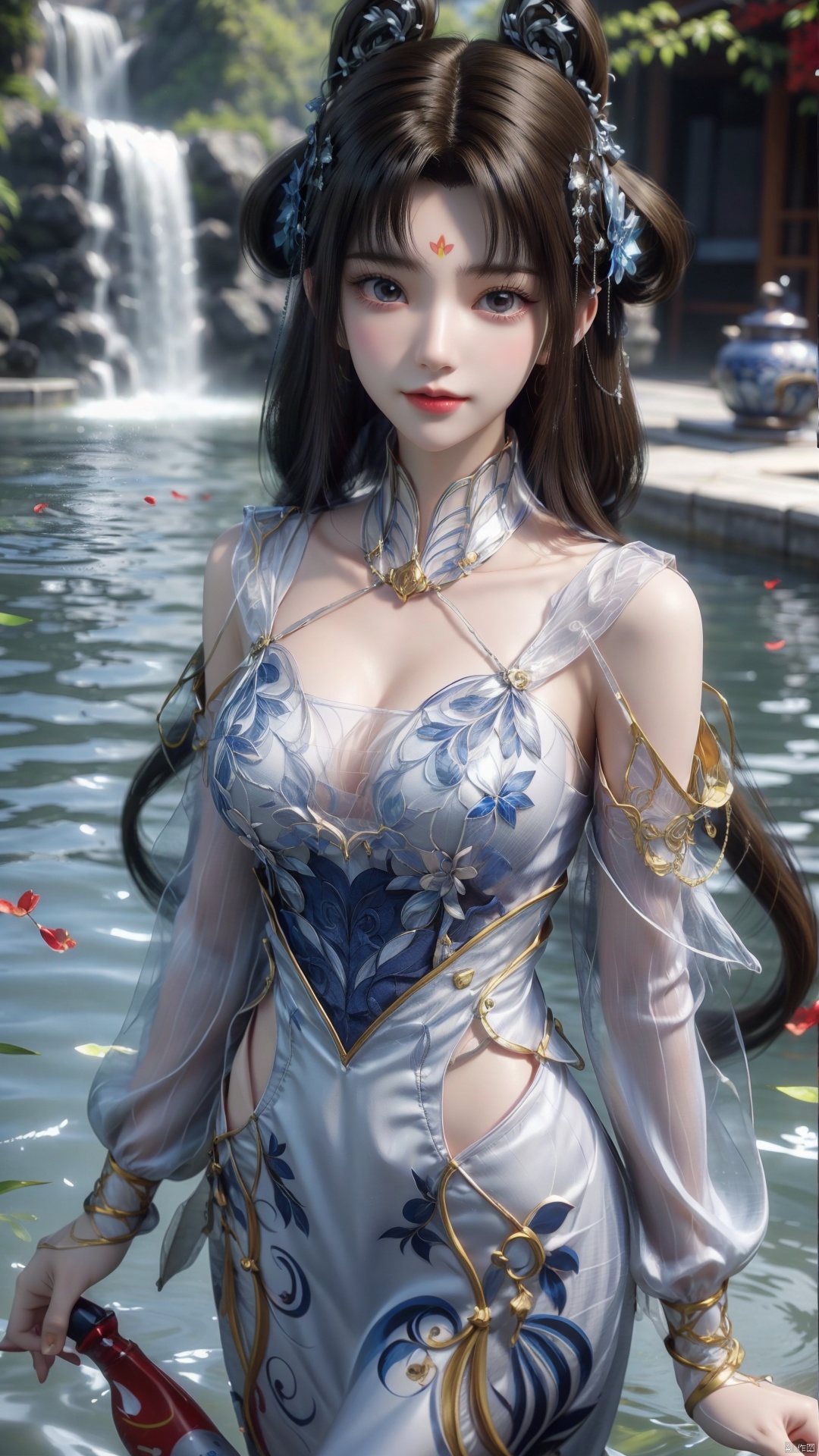 1girl, solo, jewelry, water, hair ornament, forehead mark, earrings, necklace, facial mark, realistic, tube top, looking at viewer, mischevious smile, perfect body, scenery, sharp focus, best quality, masterpiece, detailed outfit, illustration, perfect eyes, finely detailed beautiful anime eyes, realistic skin, intricate details, best lighting, depth of field, ultra high resolution,upper_body, dynamic pose, dynamic angle,