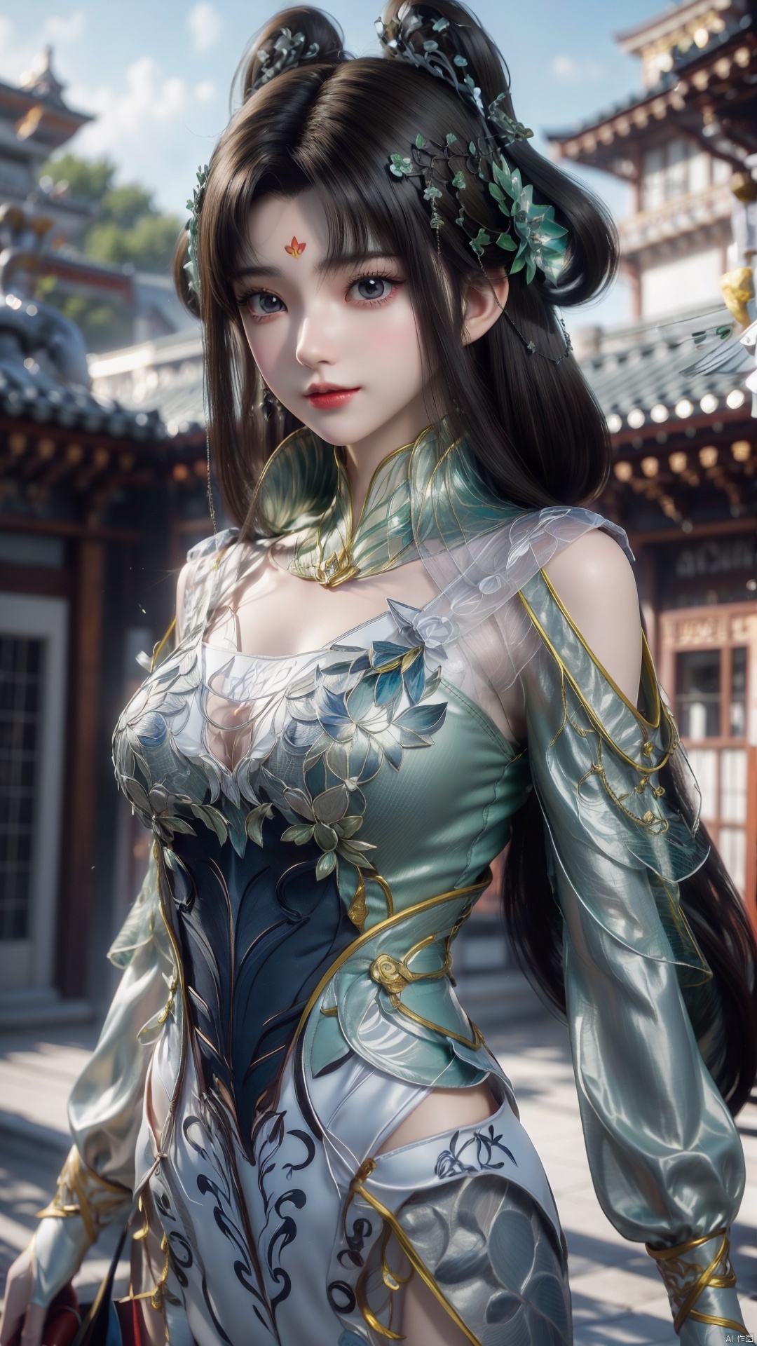 1girl, solo, facial mark, hair rings, forehead mark, green dress, black hair, looking at viewer, mischevious smile, perfect body, scenery, sharp focus, best quality, masterpiece, detailed outfit, illustration, perfect eyes, finely detailed beautiful anime eyes, realistic skin, intricate details, best lighting, depth of field, ultra high resolution,cowboy_shot, dynamic pose, dynamic angle,