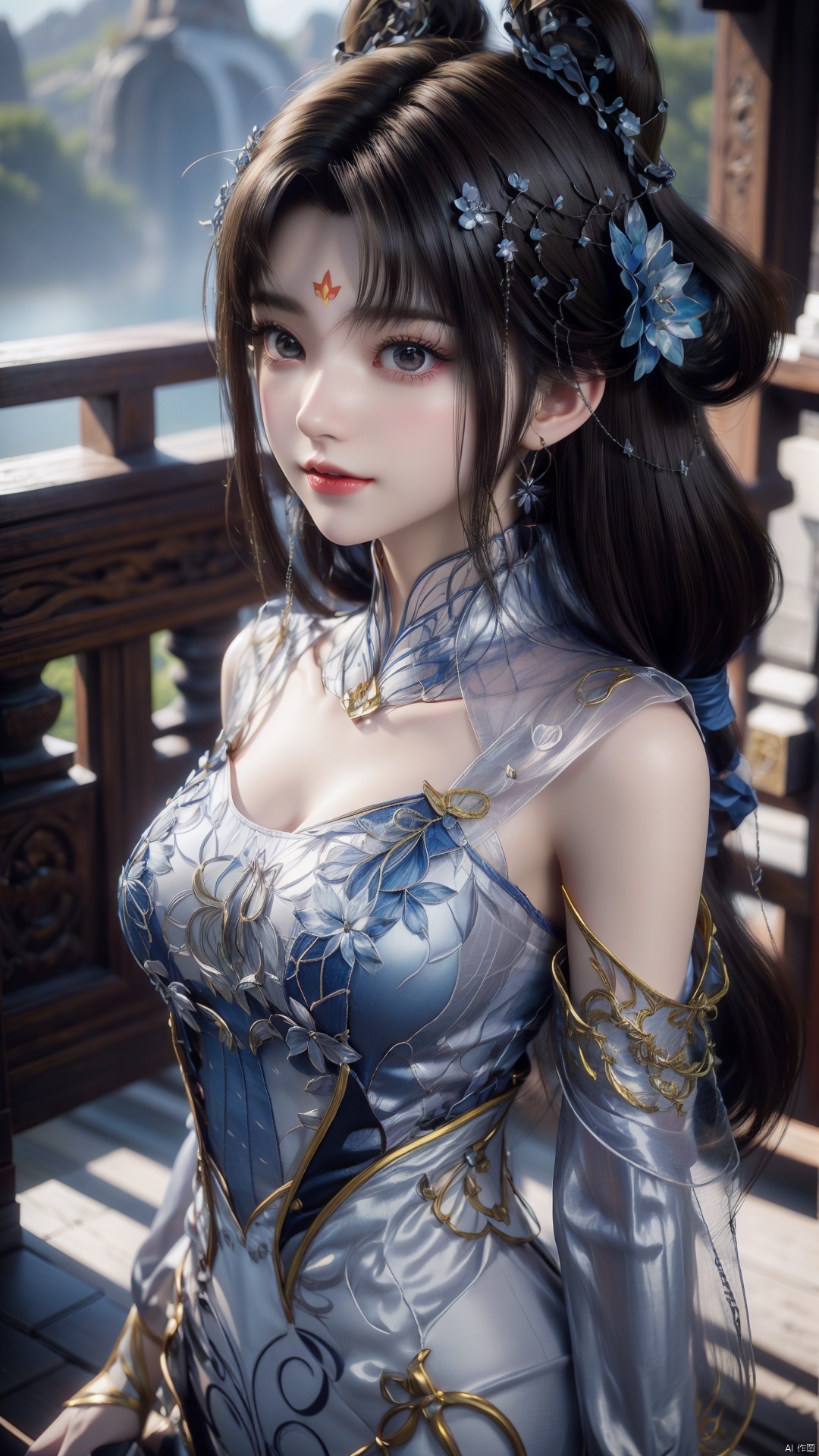 1girl, blue dress, facial mark, black hair, hair rings, forehead mark, hair ornament, looking at viewer, mischevious smile, perfect body, scenery, sharp focus, best quality, masterpiece, detailed outfit, illustration, perfect eyes, finely detailed beautiful anime eyes, realistic skin, intricate details, best lighting, depth of field, ultra high resolution,cowboy_shot, dynamic pose, dynamic angle,