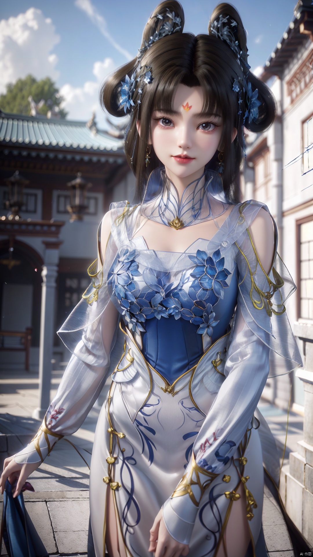1girl, blue dress, facial mark, black hair, hair rings, forehead mark, hair ornament, looking at viewer, mischevious smile, perfect body, scenery, sharp focus, best quality, masterpiece, detailed outfit, illustration, perfect eyes, finely detailed beautiful anime eyes, realistic skin, intricate details, best lighting, depth of field, ultra high resolution,cowboy_shot, dynamic pose, dynamic angle,