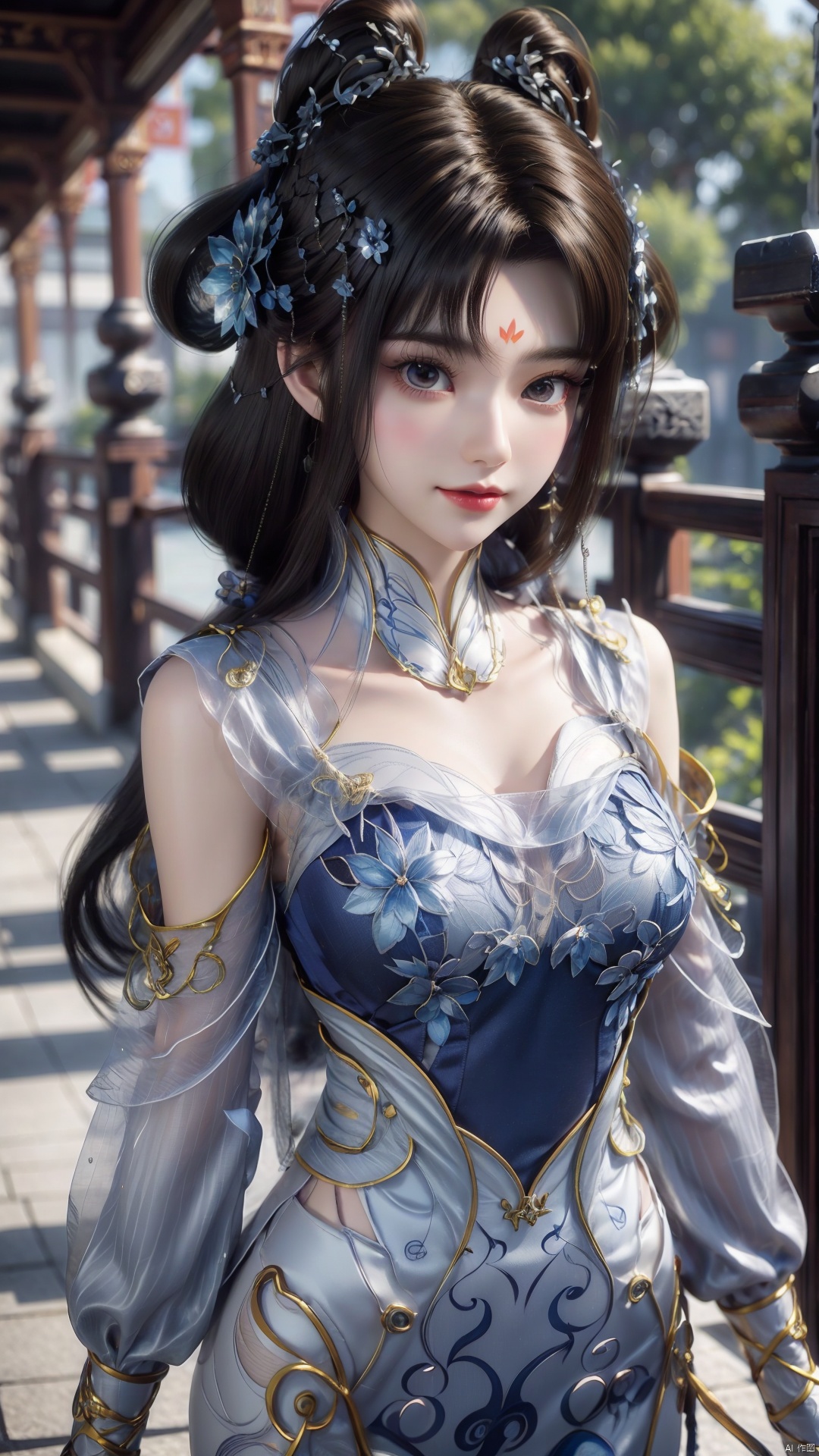 1girl, blue dress, facial mark, black hair, hair rings, forehead mark, hair ornament, looking at viewer, mischevious smile, perfect body, scenery, sharp focus, best quality, masterpiece, detailed outfit, illustration, perfect eyes, finely detailed beautiful anime eyes, realistic skin, intricate details, best lighting, depth of field, ultra high resolution,cowboy_shot, dynamic pose, dynamic angle,
