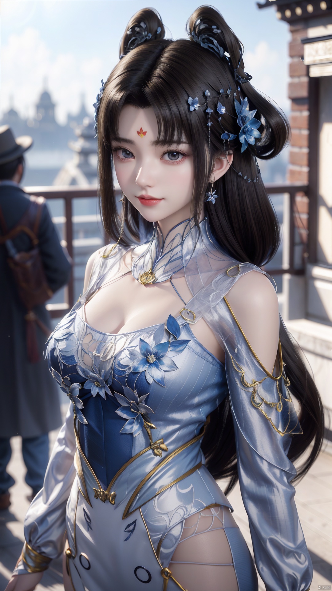 1girl, blue dress, facial mark, black hair, hair rings, forehead mark, hair ornament, looking at viewer, mischevious smile, perfect body, scenery, sharp focus, best quality, masterpiece, detailed outfit, illustration, perfect eyes, finely detailed beautiful anime eyes, realistic skin, intricate details, best lighting, depth of field, ultra high resolution,cowboy_shot, dynamic pose, dynamic angle,