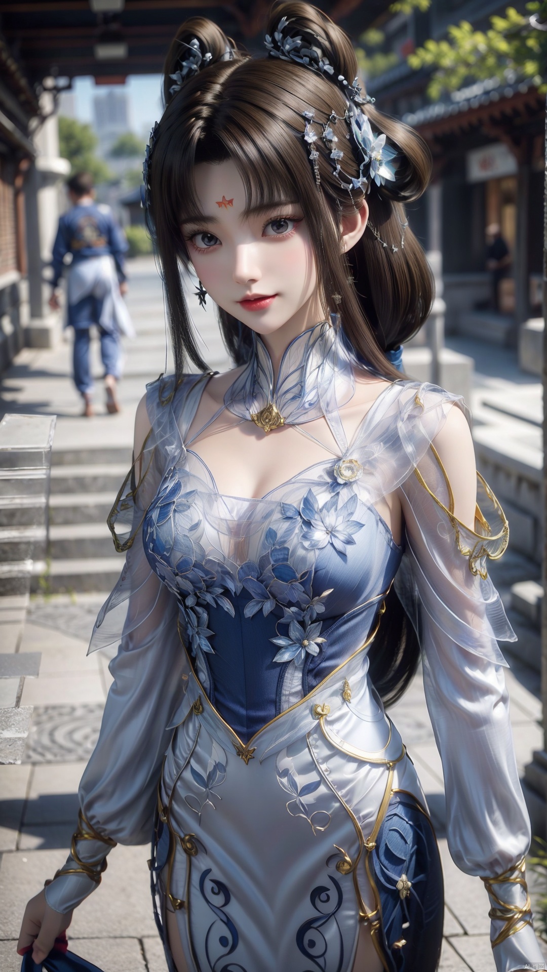 1girl, blue dress, facial mark, black hair, hair rings, forehead mark, hair ornament, looking at viewer, mischevious smile, perfect body, scenery, sharp focus, best quality, masterpiece, detailed outfit, illustration, perfect eyes, finely detailed beautiful anime eyes, realistic skin, intricate details, best lighting, depth of field, ultra high resolution,cowboy_shot, dynamic pose, dynamic angle,