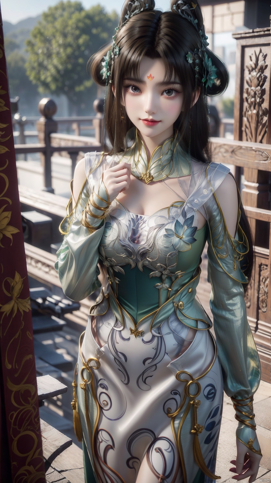 1girl, solo, facial mark, hair rings, forehead mark, green dress, black hair, looking at viewer, mischevious smile, perfect body, scenery, sharp focus, best quality, masterpiece, detailed outfit, illustration, perfect eyes, finely detailed beautiful anime eyes, realistic skin, intricate details, best lighting, depth of field, ultra high resolution,cowboy_shot, dynamic pose, dynamic angle,