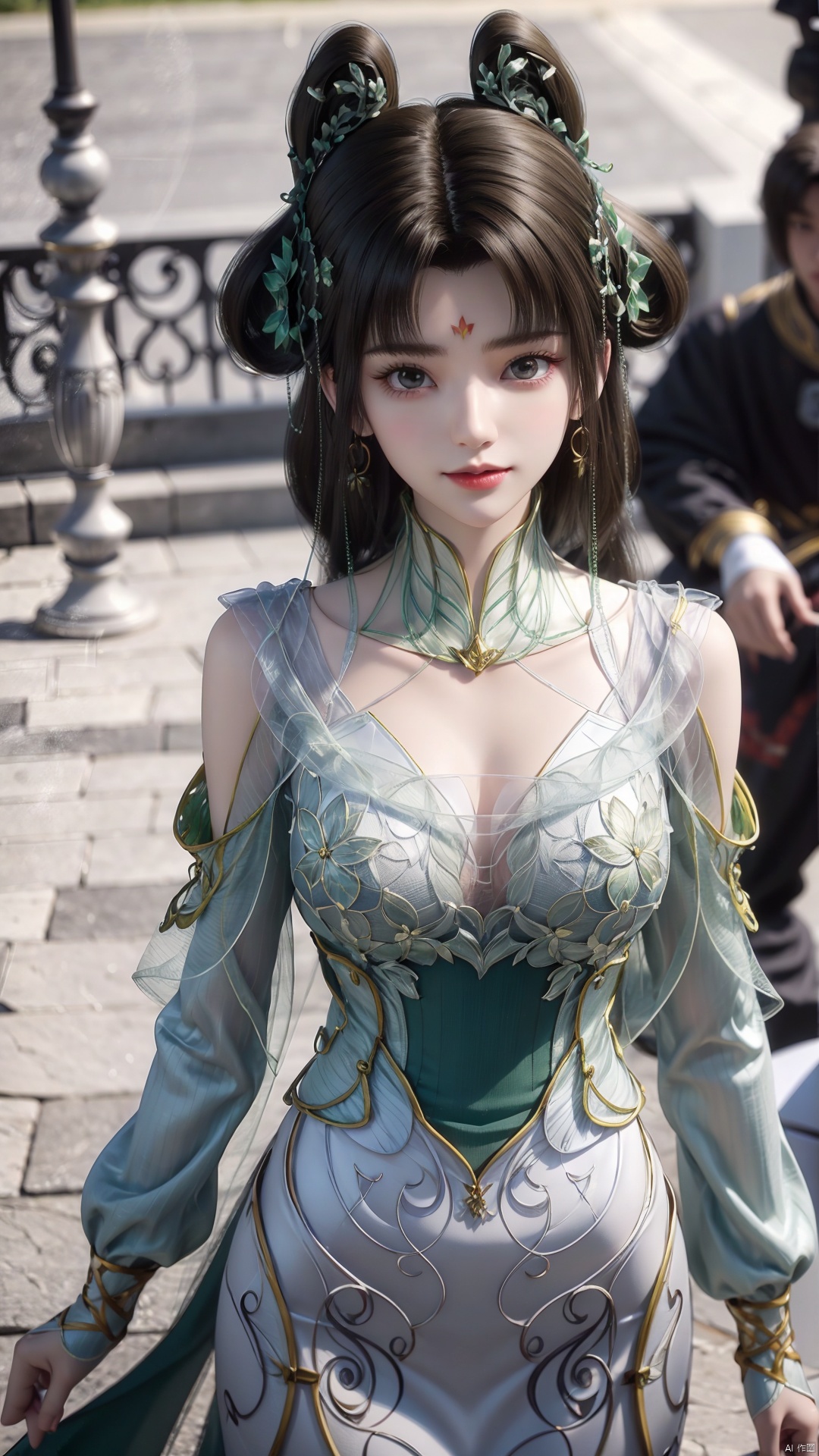 1girl, solo, facial mark, hair rings, forehead mark, green dress, black hair, looking at viewer, mischevious smile, perfect body, scenery, sharp focus, best quality, masterpiece, detailed outfit, illustration, perfect eyes, finely detailed beautiful anime eyes, realistic skin, intricate details, best lighting, depth of field, ultra high resolution,cowboy_shot, dynamic pose, dynamic angle,