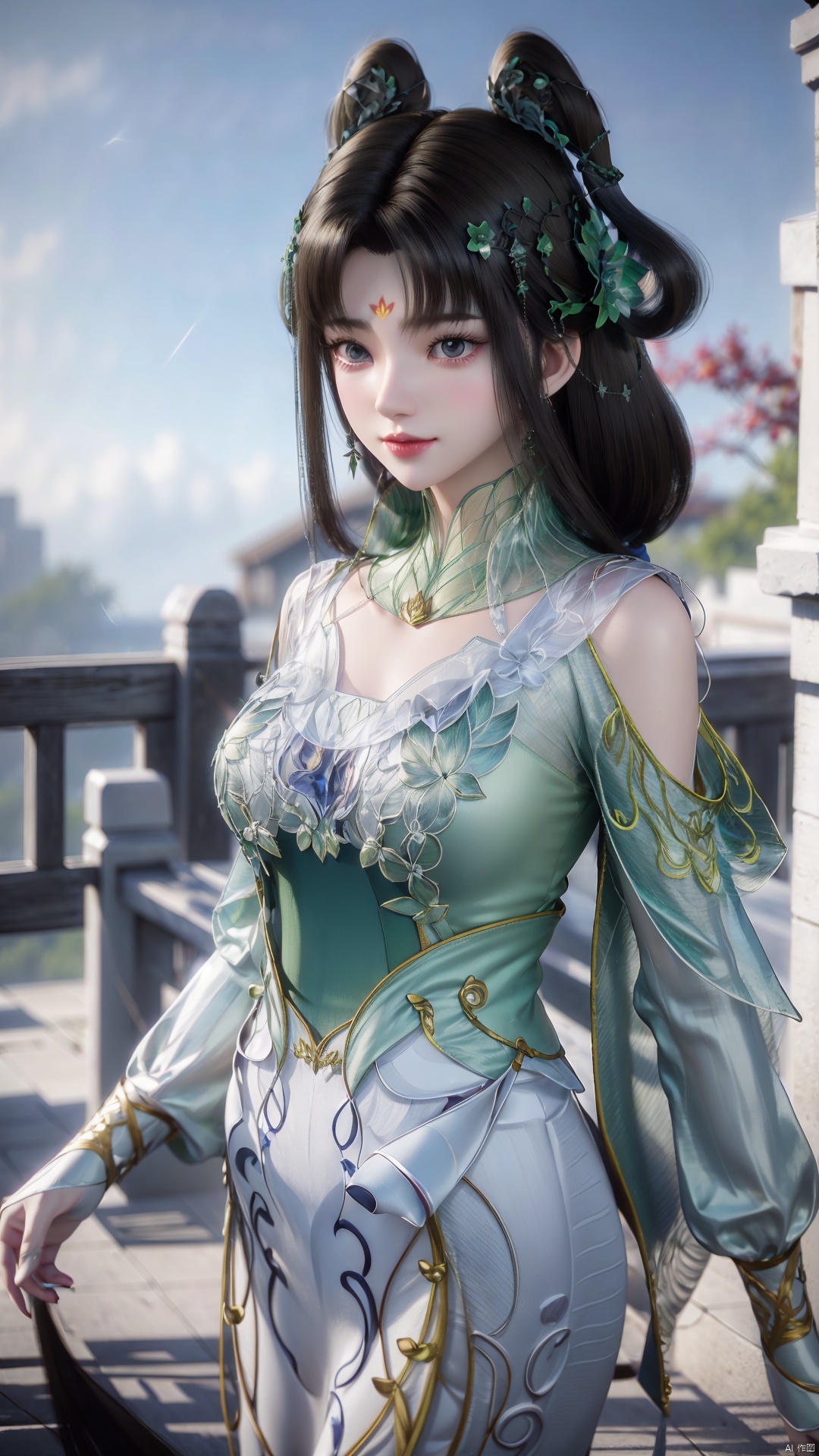 1girl, solo, facial mark, hair rings, forehead mark, green dress, black hair, looking at viewer, mischevious smile, perfect body, scenery, sharp focus, best quality, masterpiece, detailed outfit, illustration, perfect eyes, finely detailed beautiful anime eyes, realistic skin, intricate details, best lighting, depth of field, ultra high resolution,cowboy_shot, dynamic pose, dynamic angle,