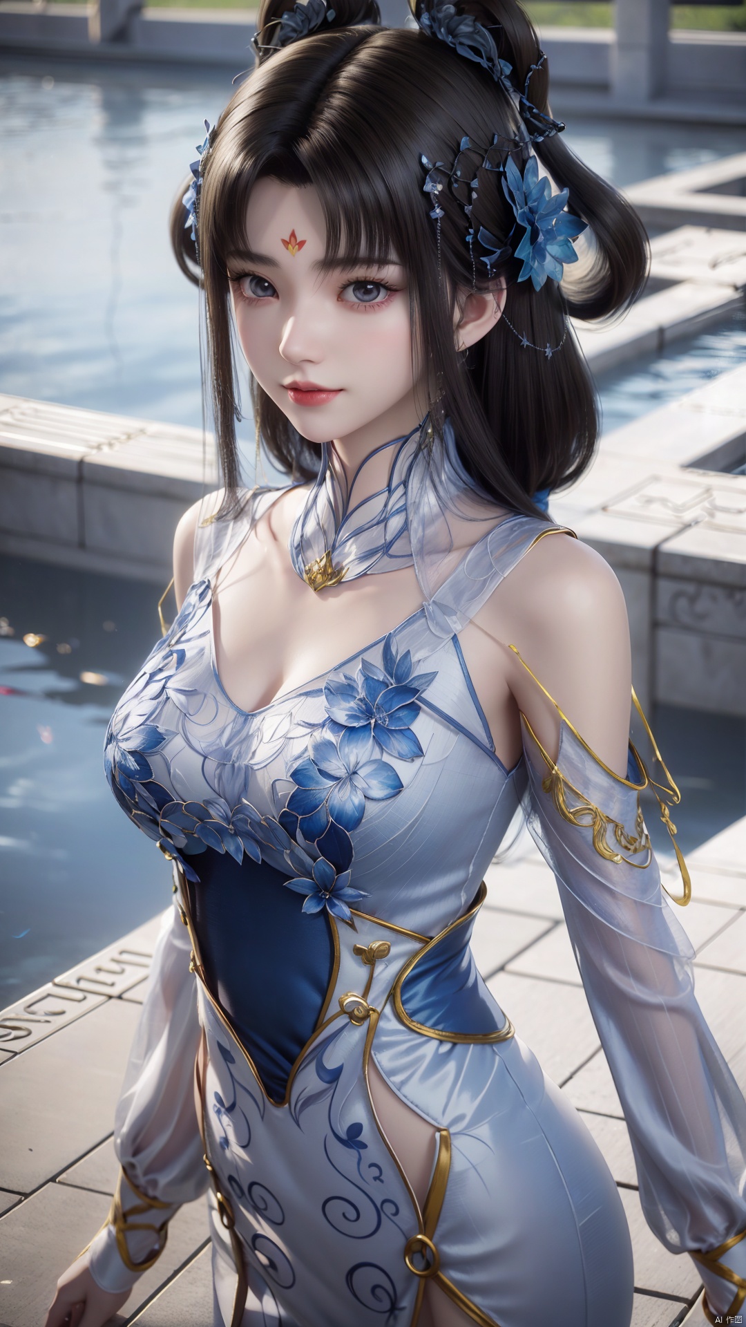 1girl, blue dress, facial mark, black hair, hair rings, forehead mark, hair ornament, looking at viewer, mischevious smile, perfect body, scenery, sharp focus, best quality, masterpiece, detailed outfit, illustration, perfect eyes, finely detailed beautiful anime eyes, realistic skin, intricate details, best lighting, depth of field, ultra high resolution,cowboy_shot, dynamic pose, dynamic angle,
