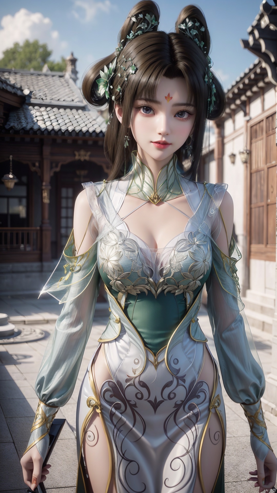 1girl, solo, facial mark, hair rings, forehead mark, green dress, black hair, looking at viewer, mischevious smile, perfect body, scenery, sharp focus, best quality, masterpiece, detailed outfit, illustration, perfect eyes, finely detailed beautiful anime eyes, realistic skin, intricate details, best lighting, depth of field, ultra high resolution,cowboy_shot, dynamic pose, dynamic angle,
