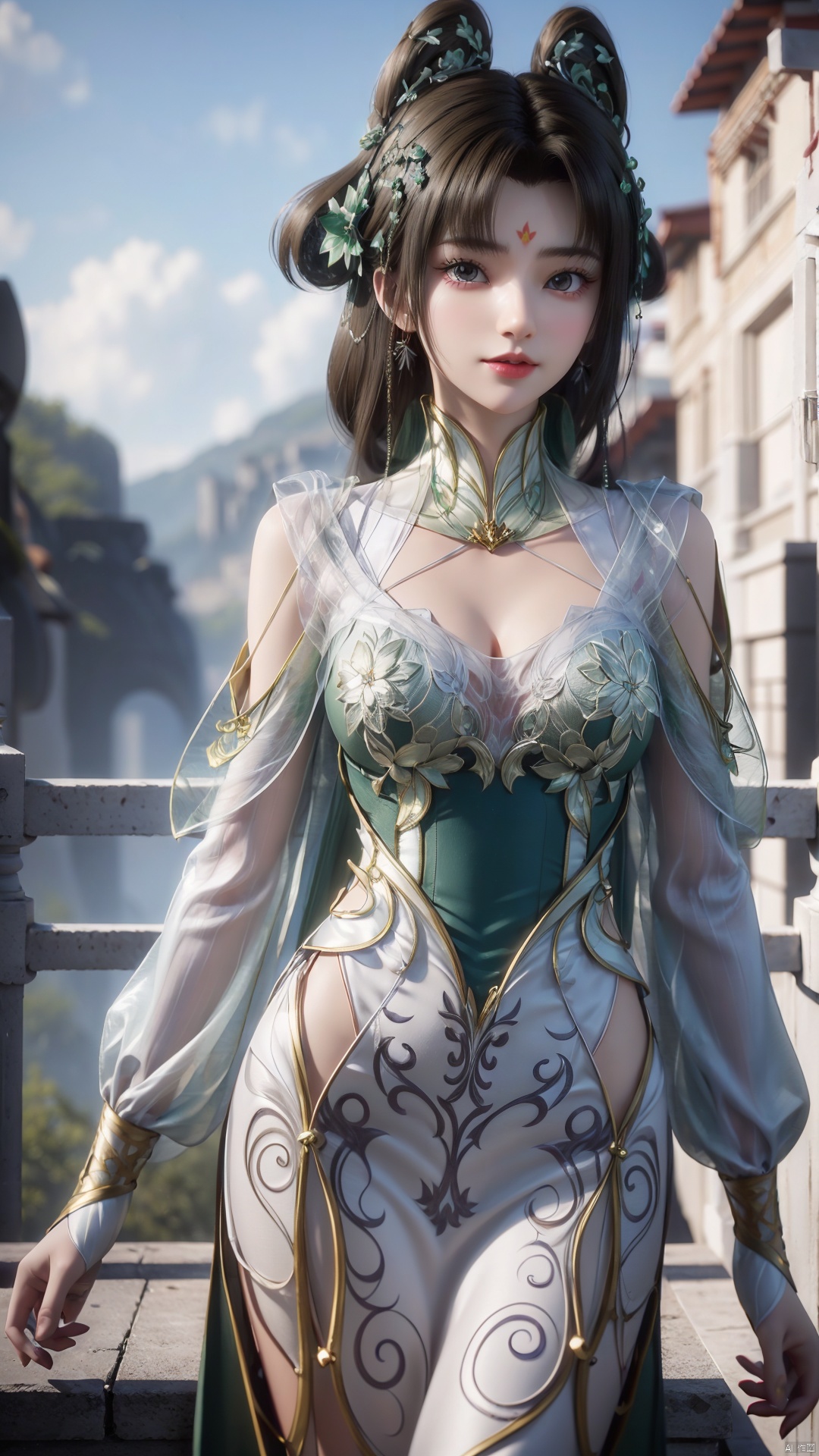 1girl, solo, facial mark, hair rings, forehead mark, green dress, black hair, looking at viewer, mischevious smile, perfect body, scenery, sharp focus, best quality, masterpiece, detailed outfit, illustration, perfect eyes, finely detailed beautiful anime eyes, realistic skin, intricate details, best lighting, depth of field, ultra high resolution,cowboy_shot, dynamic pose, dynamic angle,
