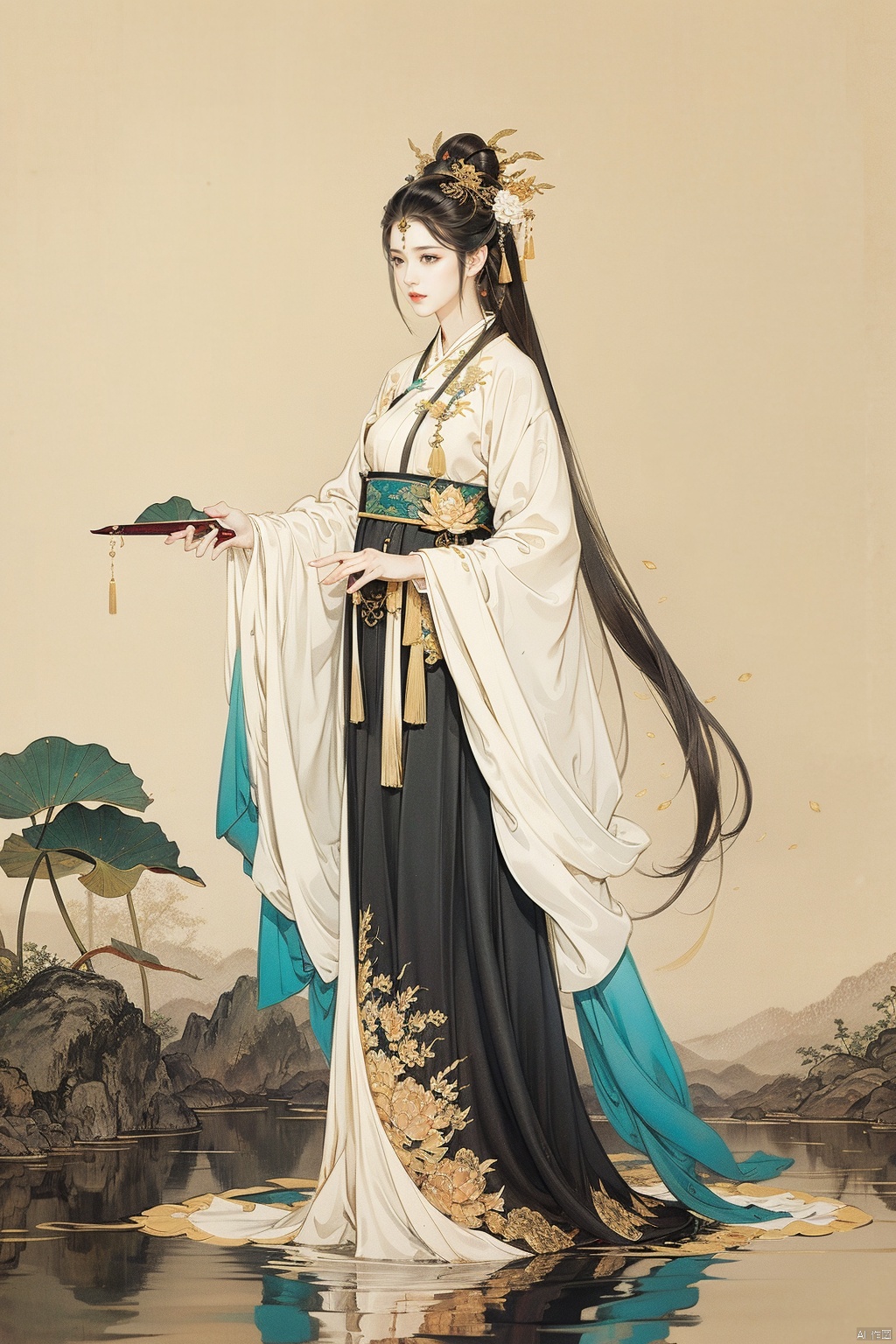 Masterpiece, best quality, 1 woman, black hair, long hair, hair accessories, hanfu, Chinese costume, long skirt, full body, lotus, water, fine brush painting, ink painting, intricate costume, standing, professional model pose